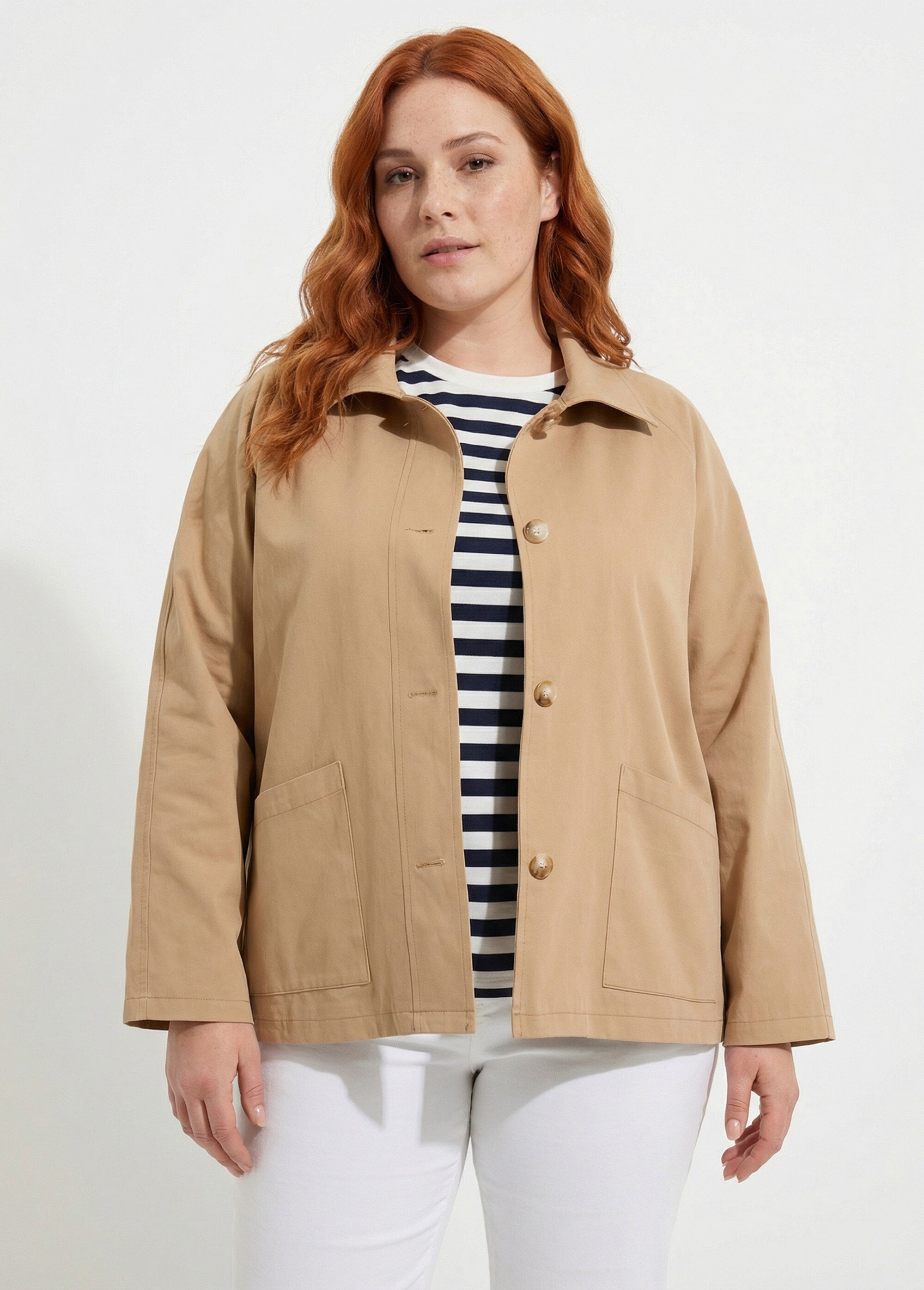 Trench court, doublure fantaisie Femme Grande Taille Beige IAC-AP-R6207 FA1