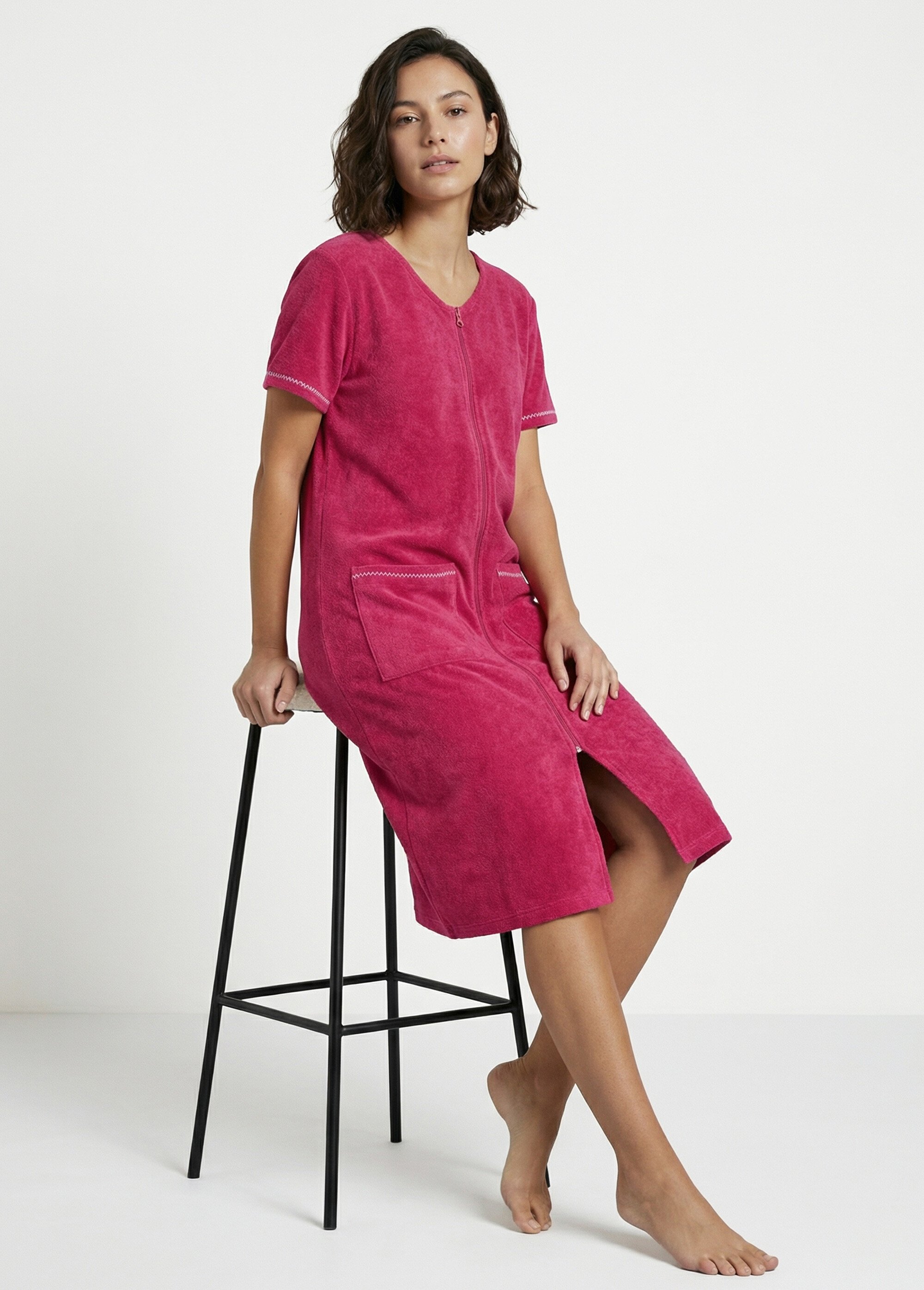 Peignoir de bain éponge coton uni zippé Femme Rose SAISON MV1