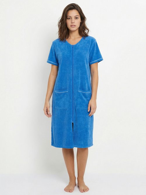 Peignoir de bain éponge coton uni zippé Femme Bleu SAISON FA1