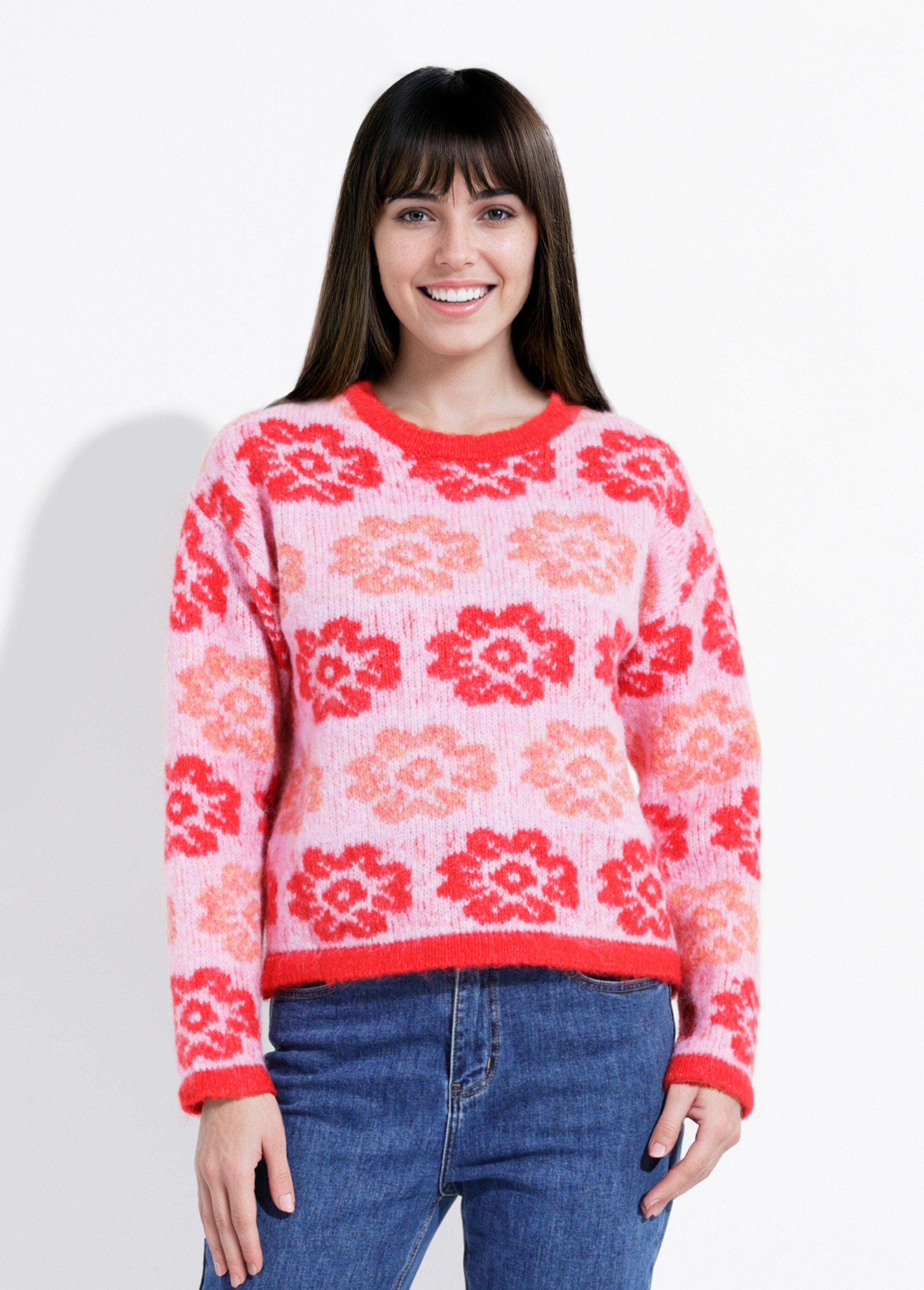 Pull court en maille motif fleuri Femme ROSE ET ROUGE IA-PL126 FA1