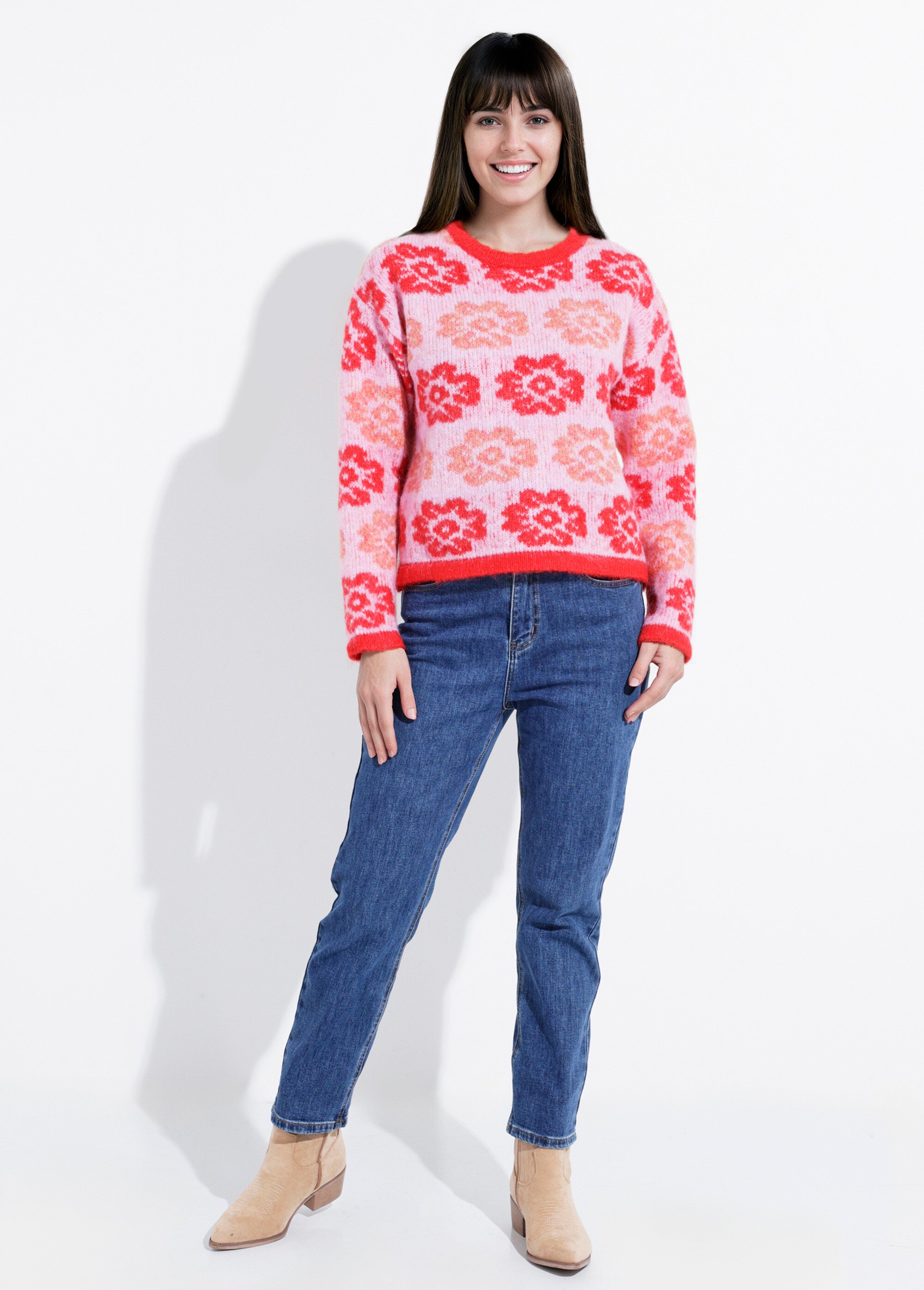 Pull court en maille motif fleuri Femme ROSE ET ROUGE IA-PL126 SF1
