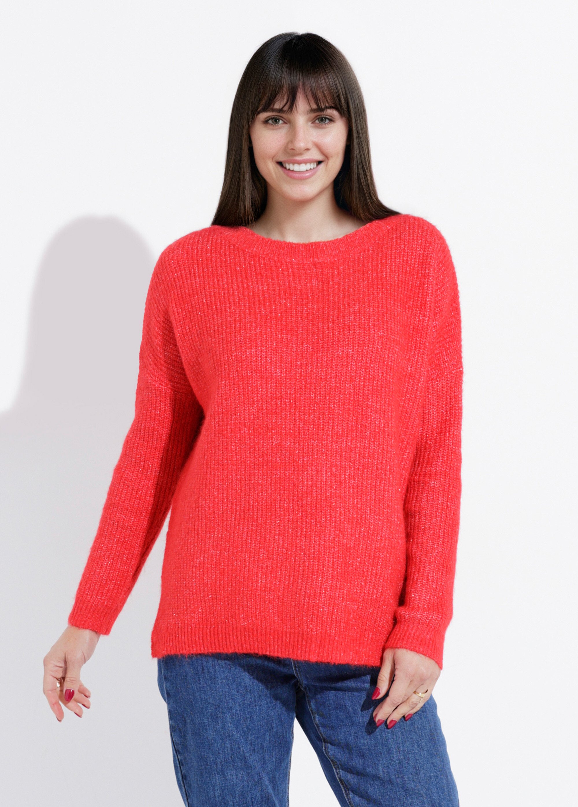 Pull maille mousseuse encolure bateau Femme Rouge IA-AR649 FA1