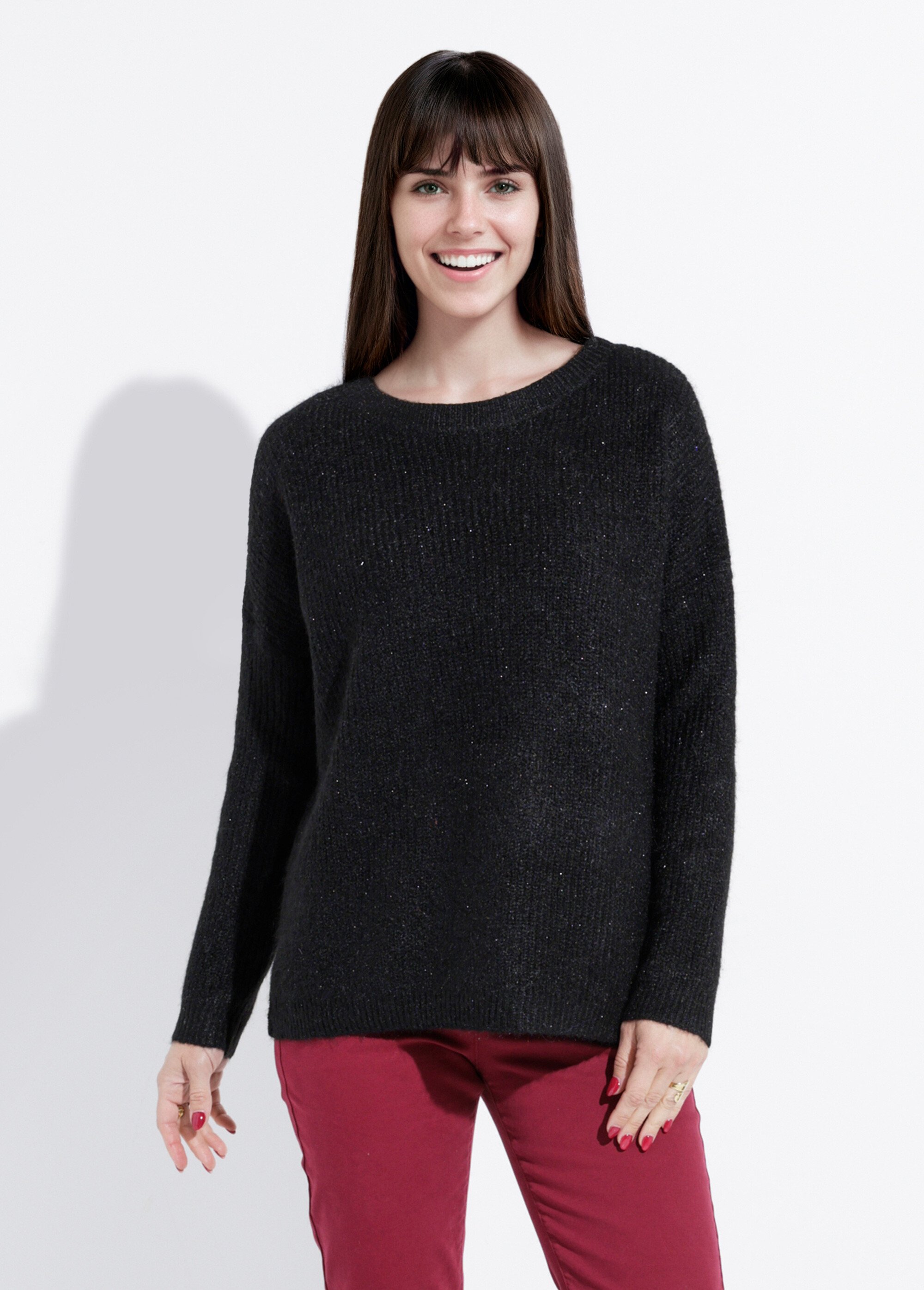 Pull maille mousseuse encolure bateau Femme Noir IA-AR649 FA1