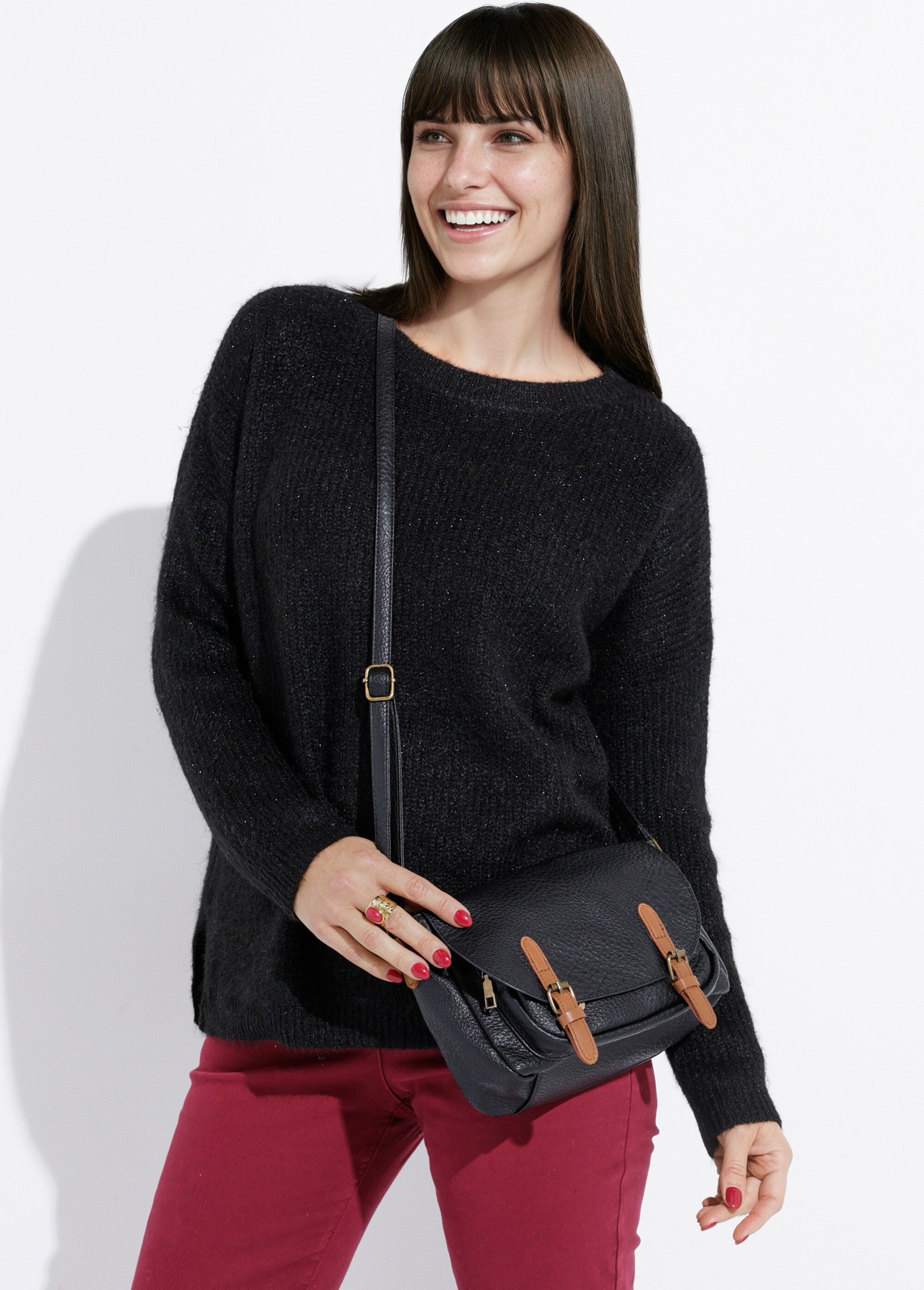 Pull maille mousseuse encolure bateau Femme Noir IA-AR649 MV1