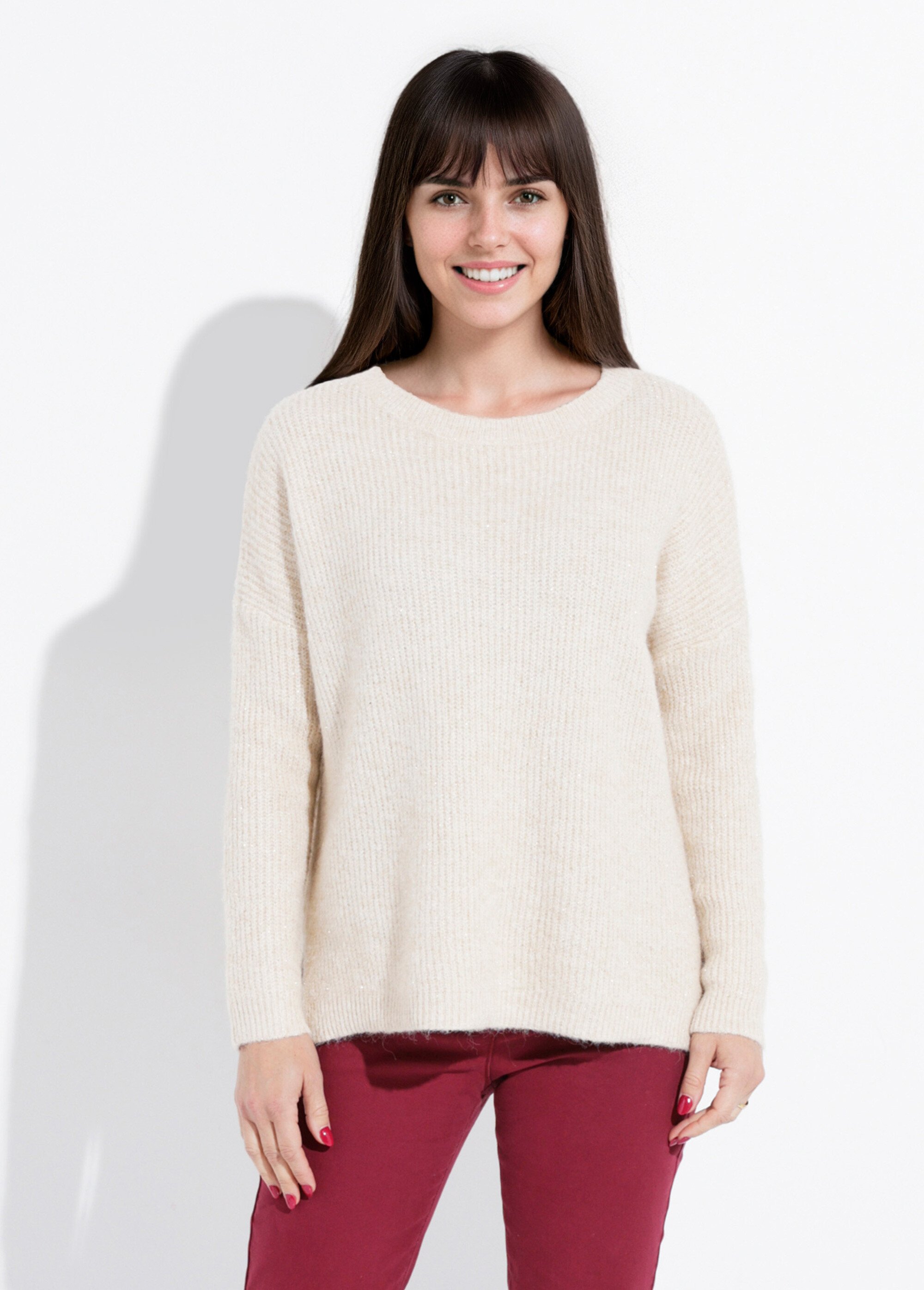 Pull maille mousseuse encolure bateau Femme Beige IA-AR649 FA1