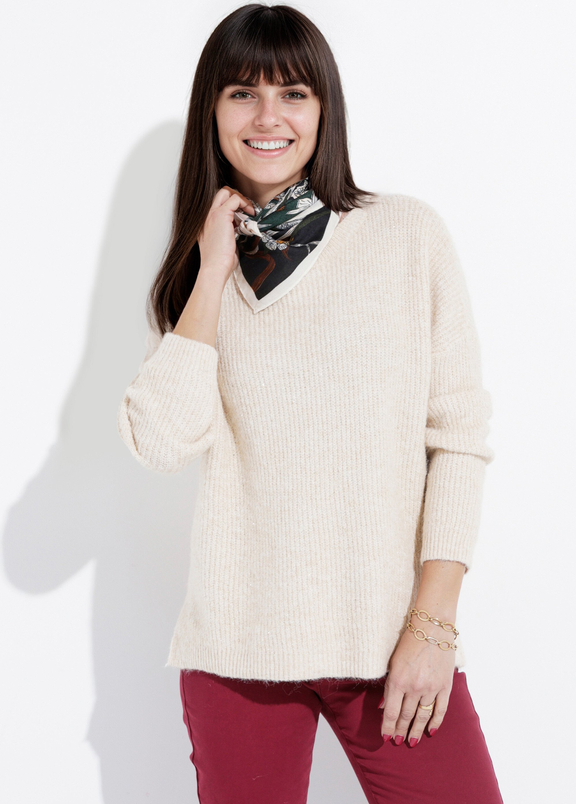 Pull maille mousseuse encolure bateau Femme Beige IA-AR649 MV1