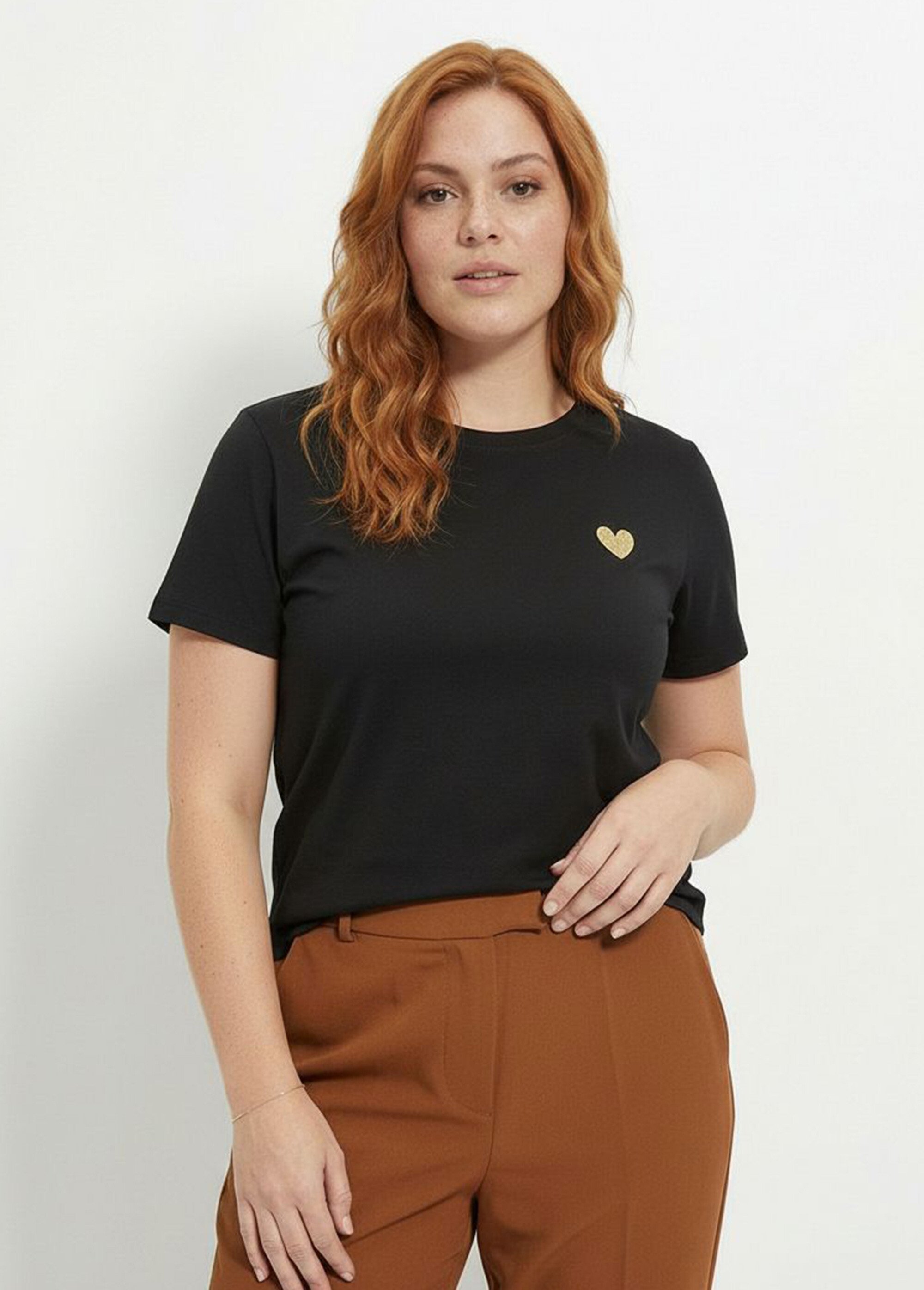 T-shirt col rond avec broderie coeur Femme Grande Taille Noir IAC-AP-M0502 FA1