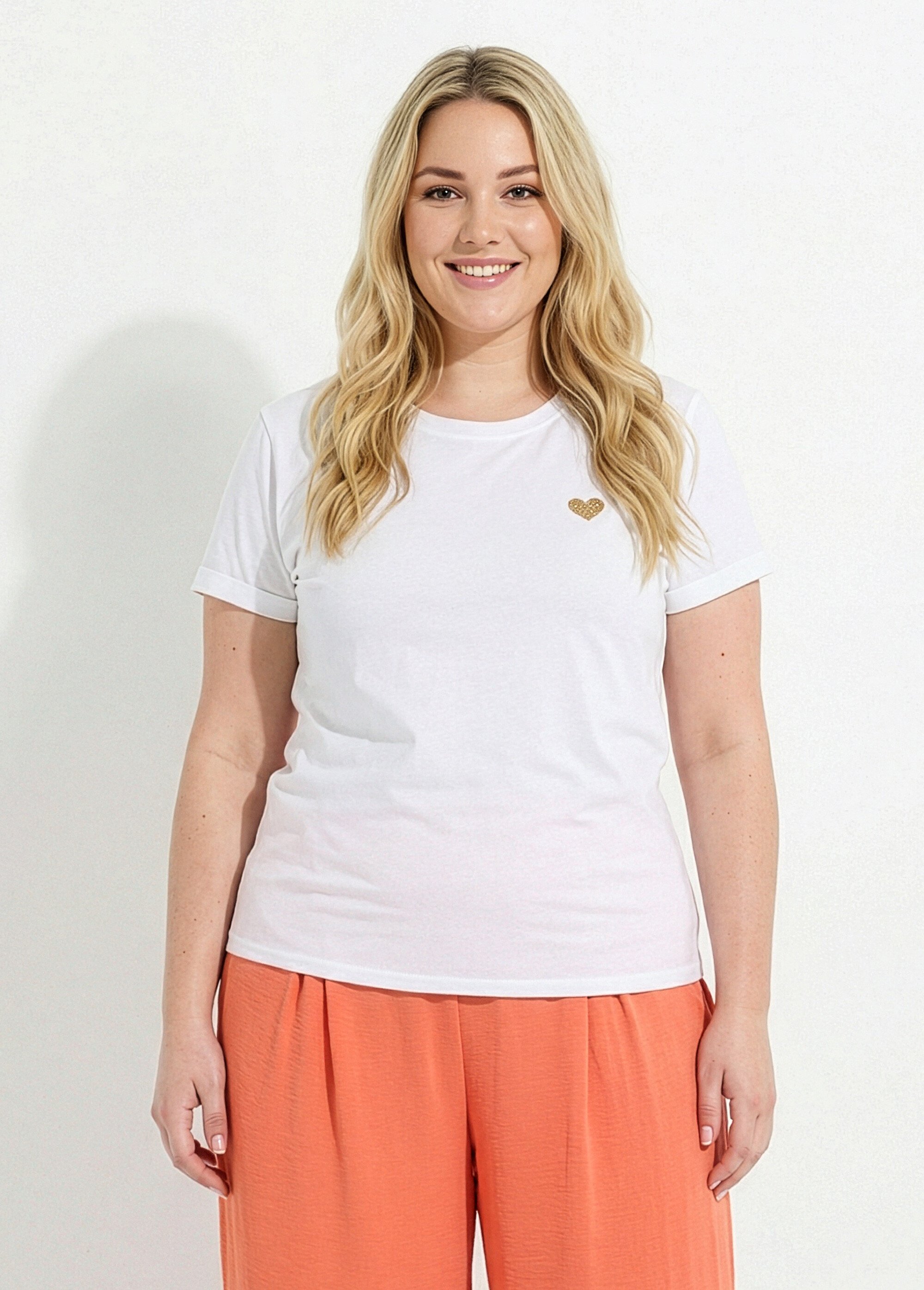 T-shirt col rond avec broderie coeur Femme Grande Taille Blanc IAC-AP-M0502 FA1