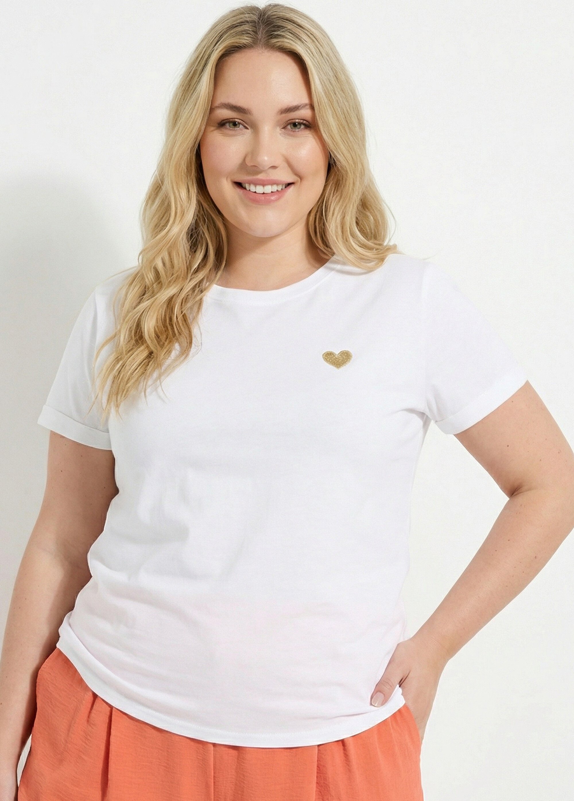 T-shirt col rond avec broderie coeur Femme Grande Taille Blanc IAC-AP-M0502 MV1