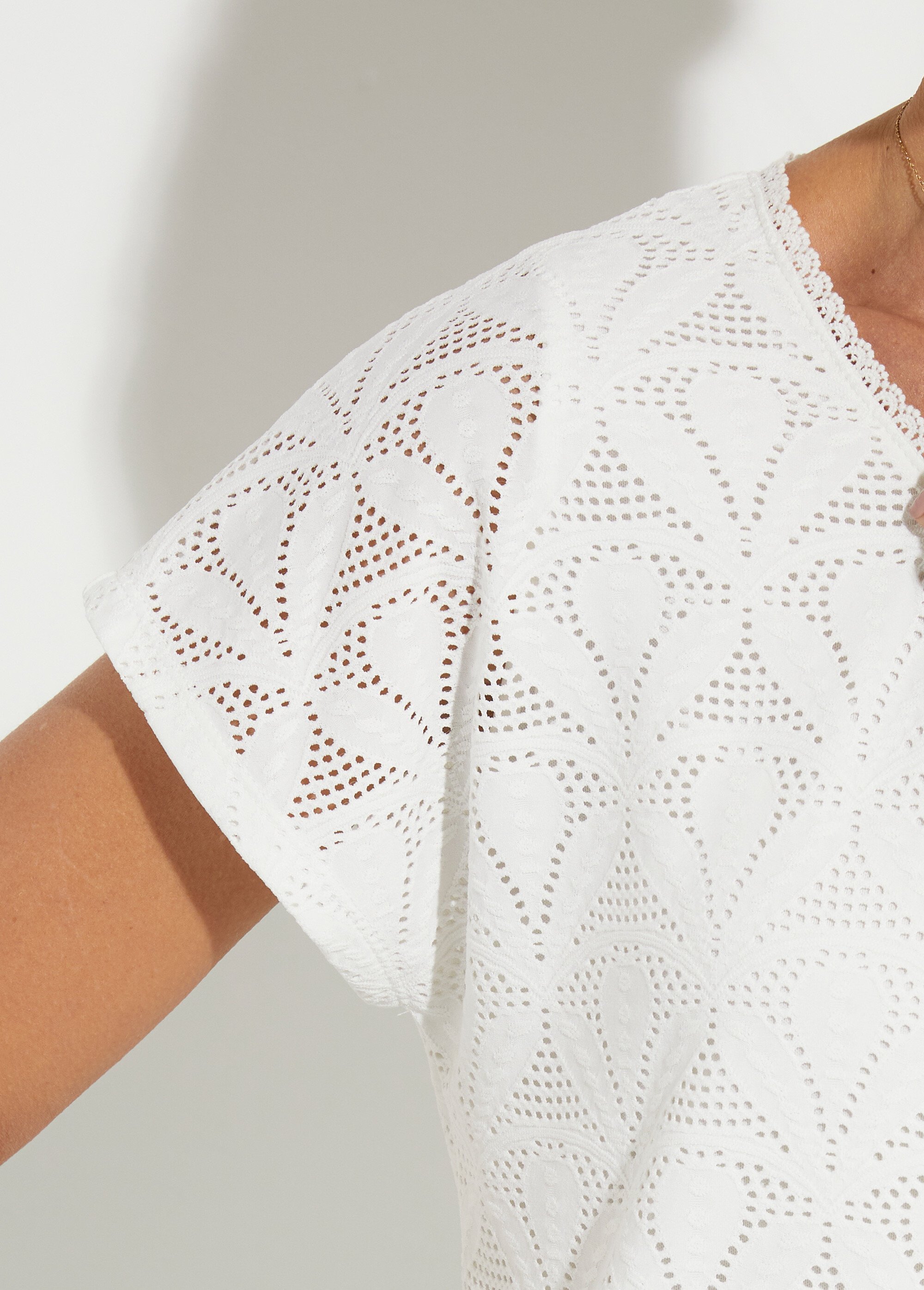 T-shirt col V maille effet broderie Femme Blanc COLITA DE2