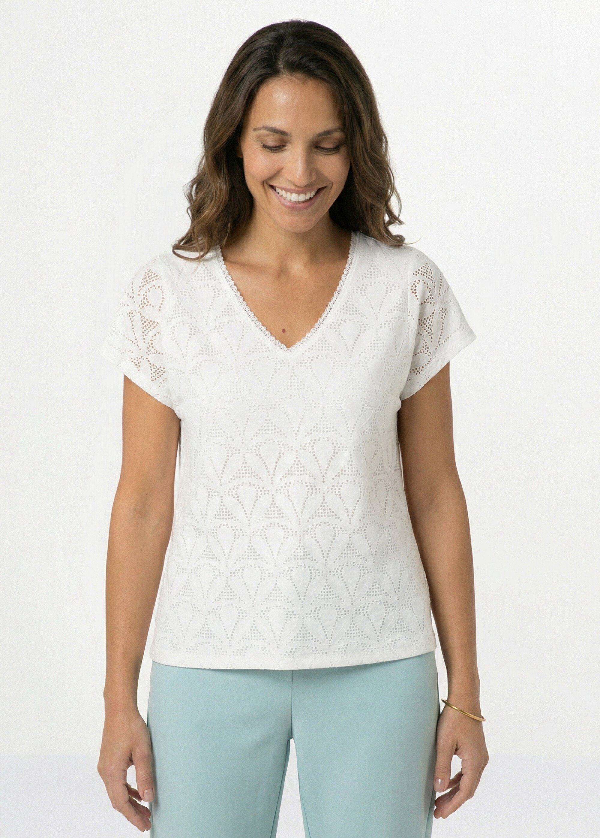 T-shirt col V maille effet broderie Femme Blanc COLITA FA1