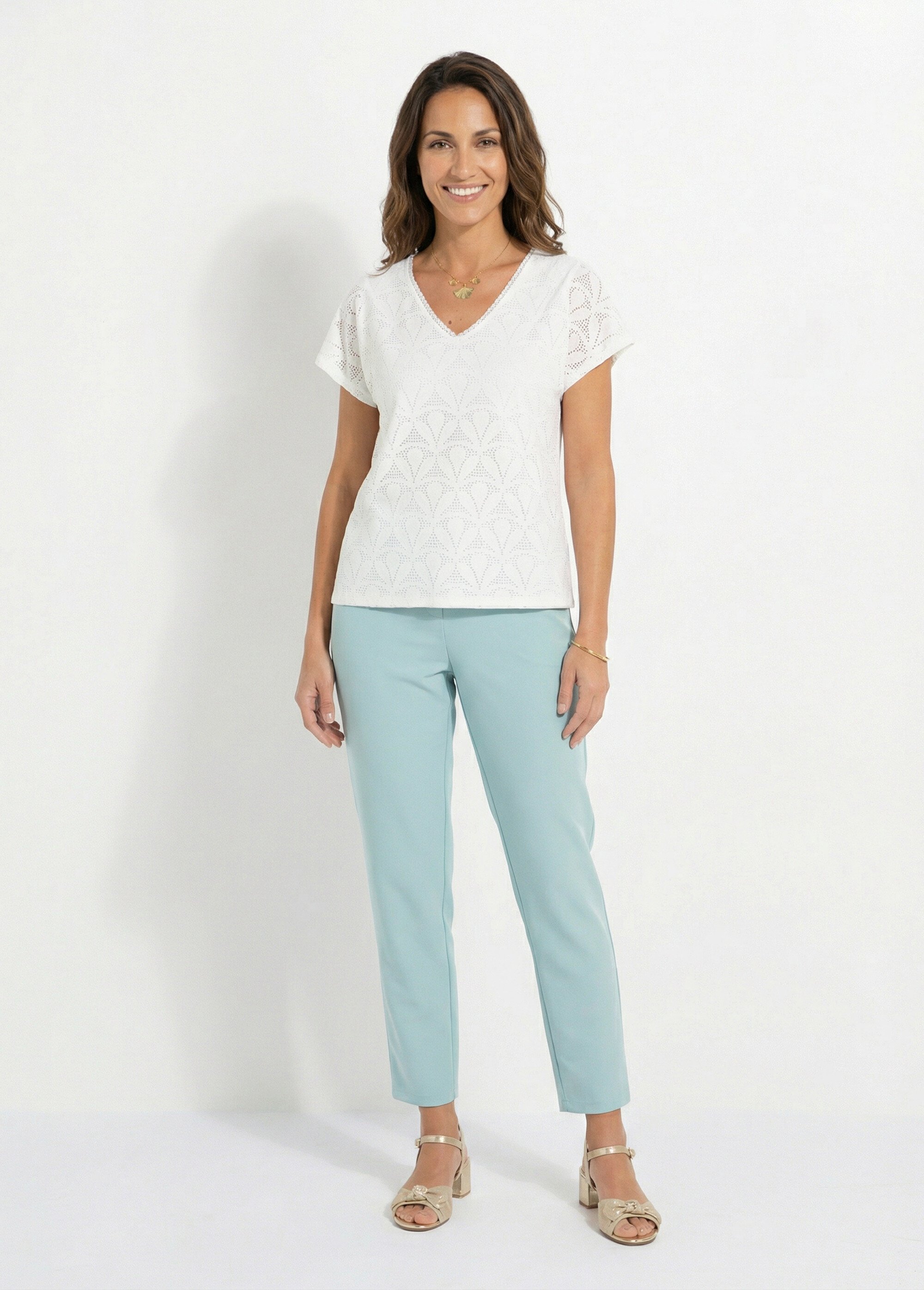 T-shirt col V maille effet broderie Femme Blanc COLITA SF1