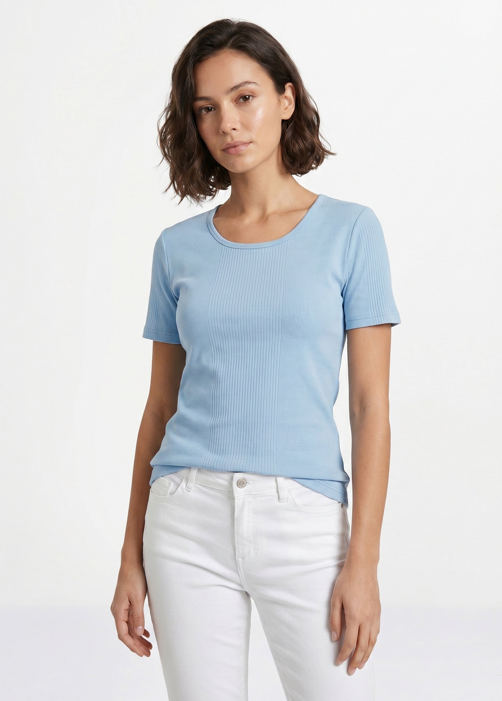 T-shirt court col rond maille côtelée Femme Bleu CENCI FA1