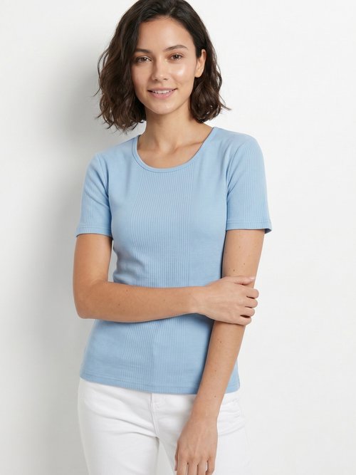 T-shirt court col rond maille côtelée Femme Bleu CENCI MV1