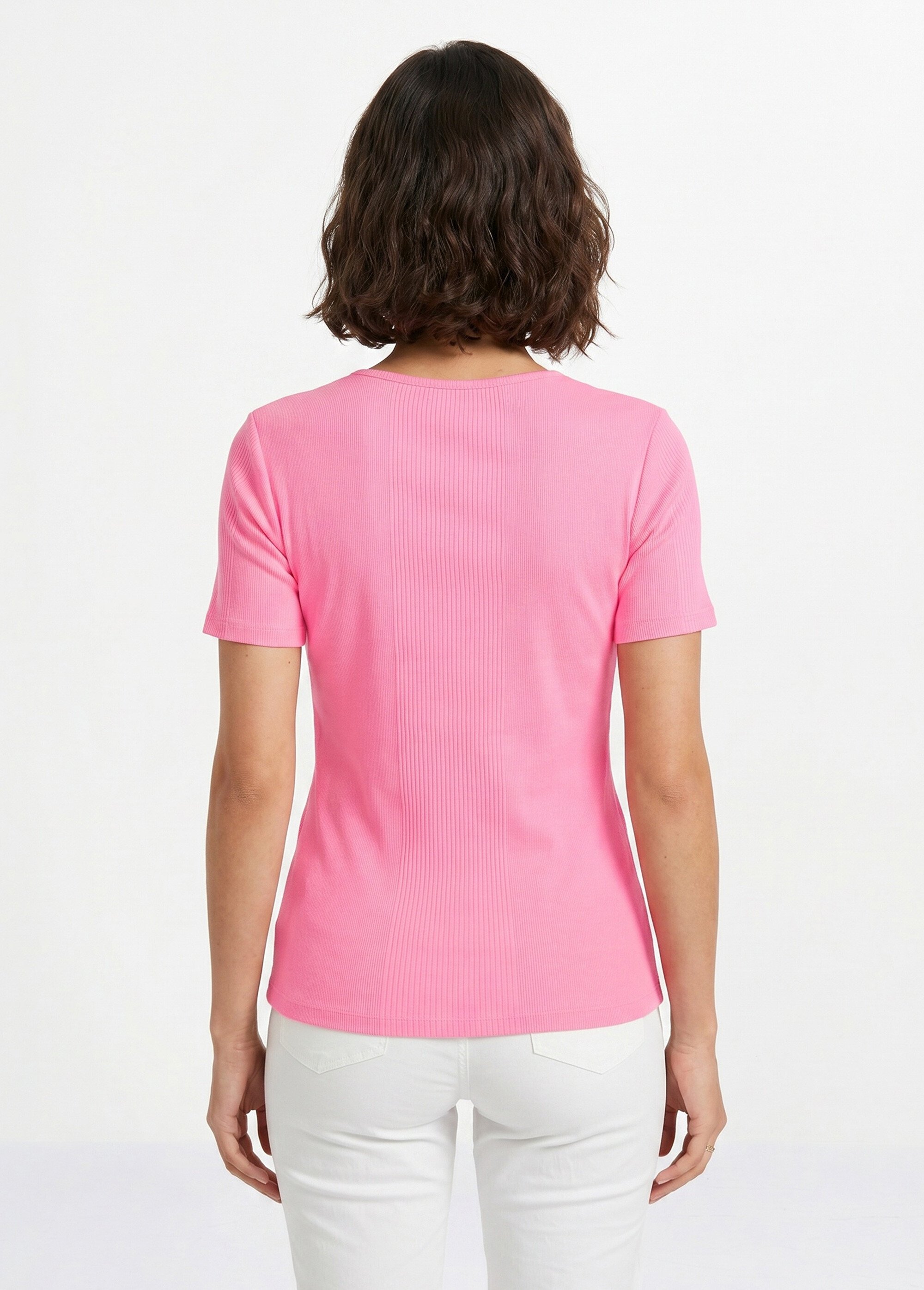 T-shirt court col rond maille côtelée Femme Rose CENCI DO1