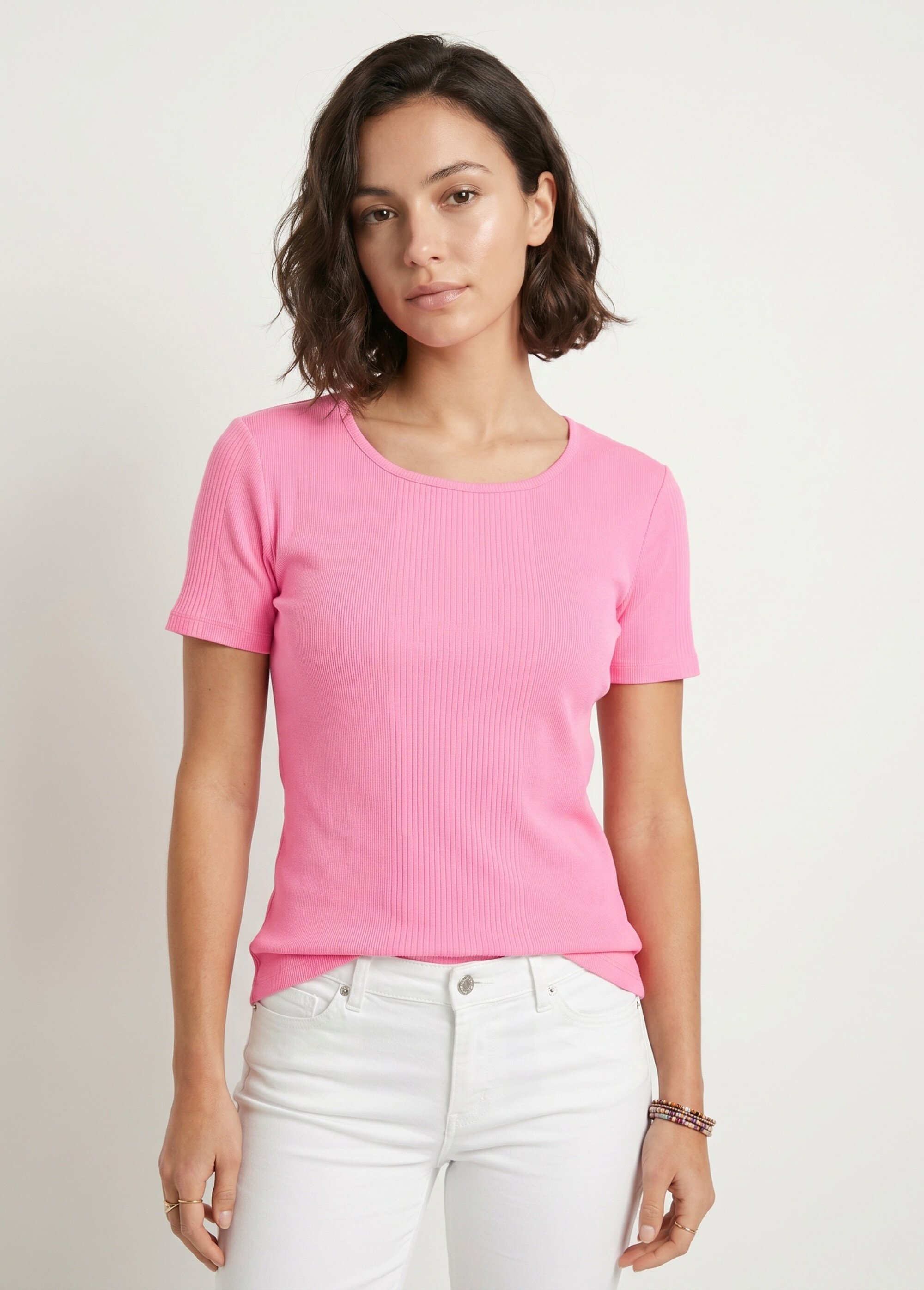 T-shirt court col rond maille côtelée Femme Rose CENCI FA1