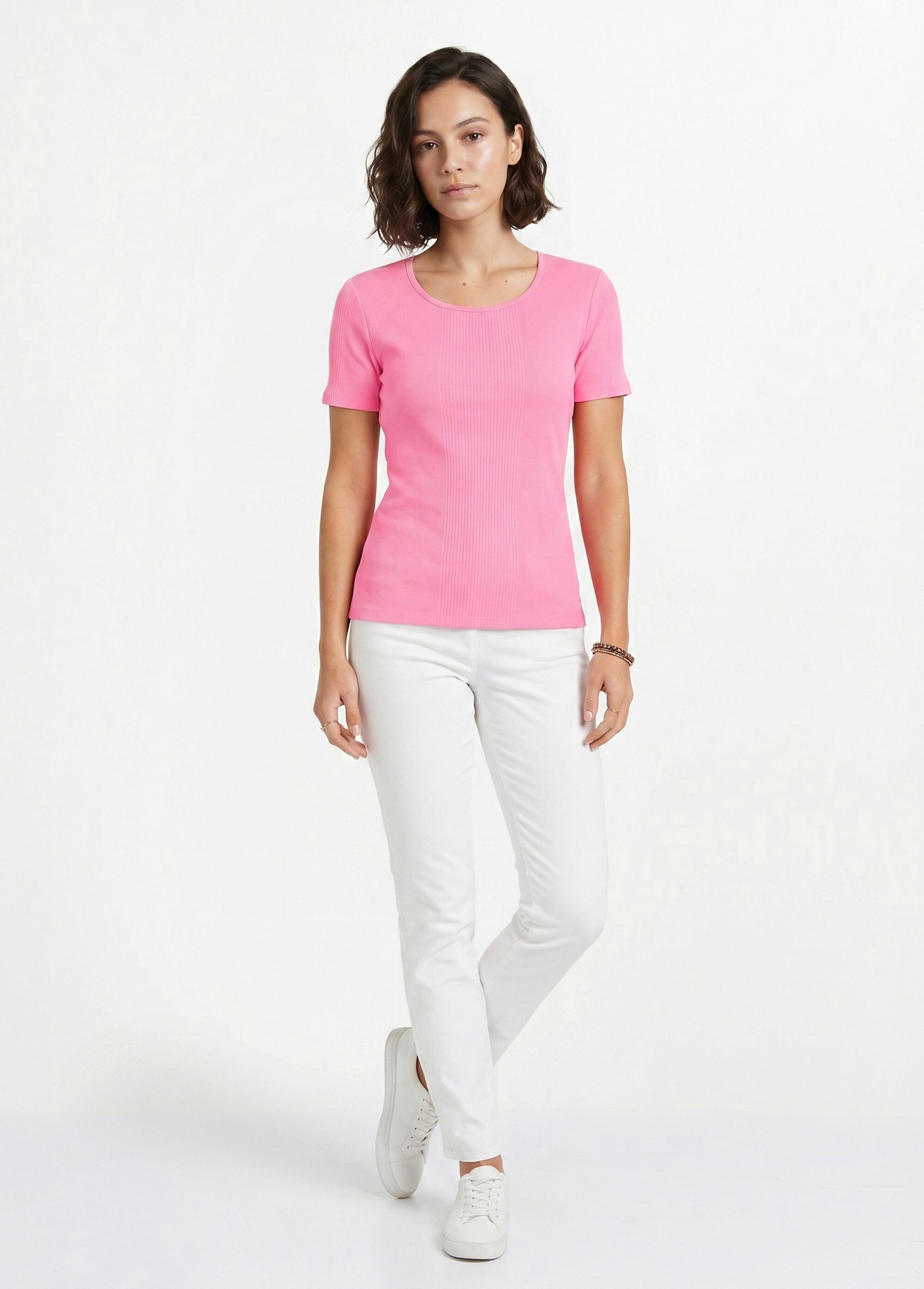 T-shirt court col rond maille côtelée Femme Rose CENCI SI1
