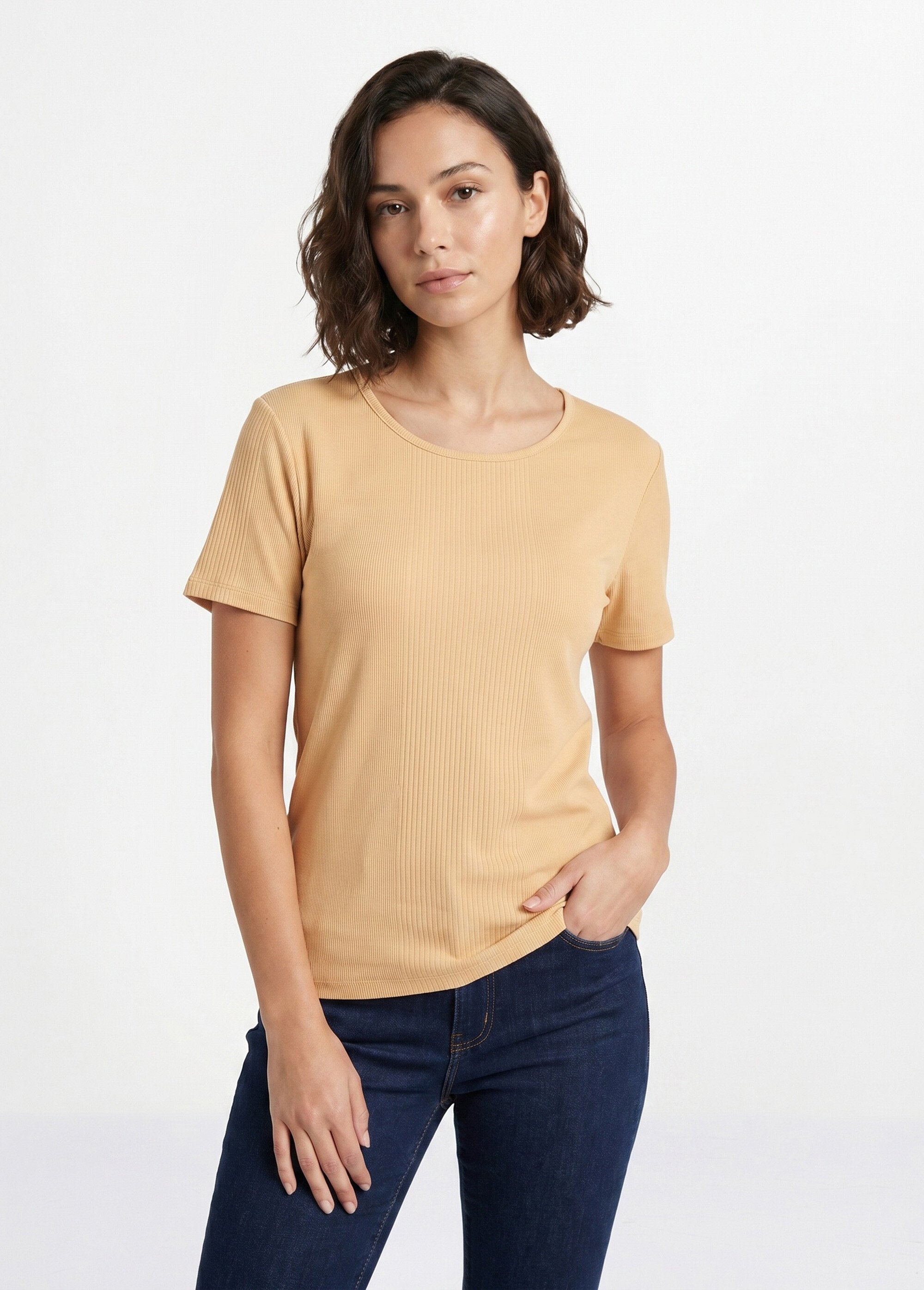 T-shirt court col rond maille côtelée Femme Beige CENCI FA1