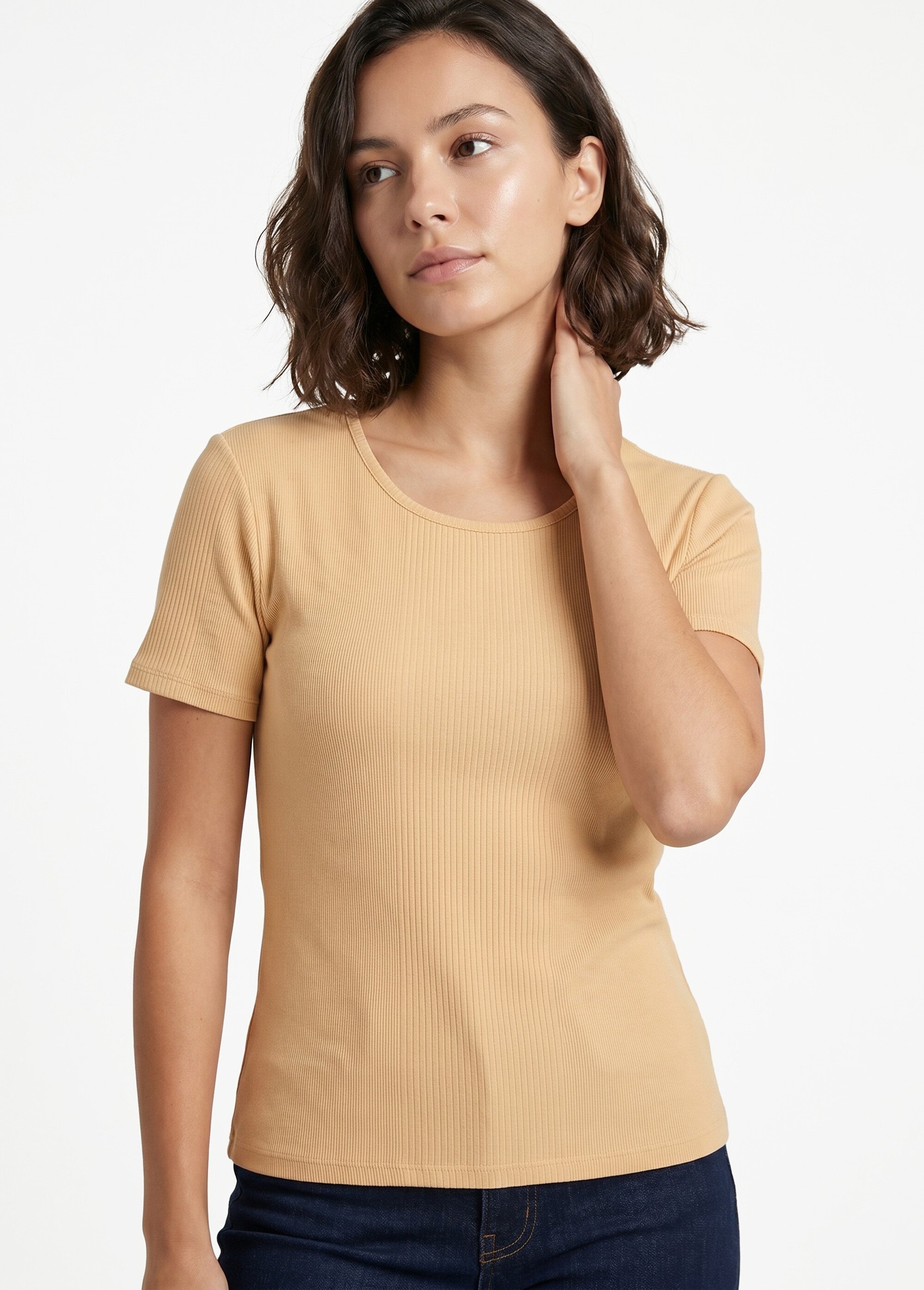 T-shirt court col rond maille côtelée Femme Beige CENCI MV1