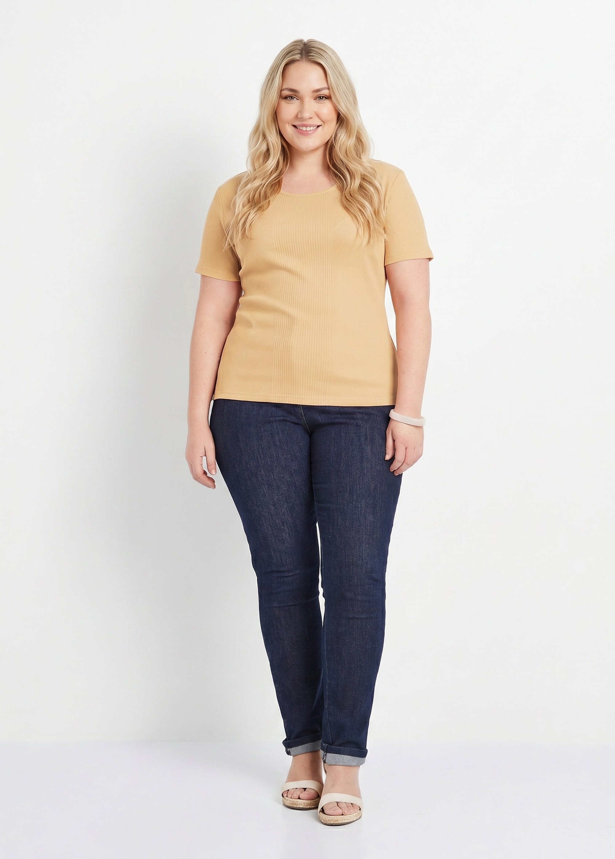 T-shirt court col rond maille côtelée Femme Grande Taille Beige CENCI SI1