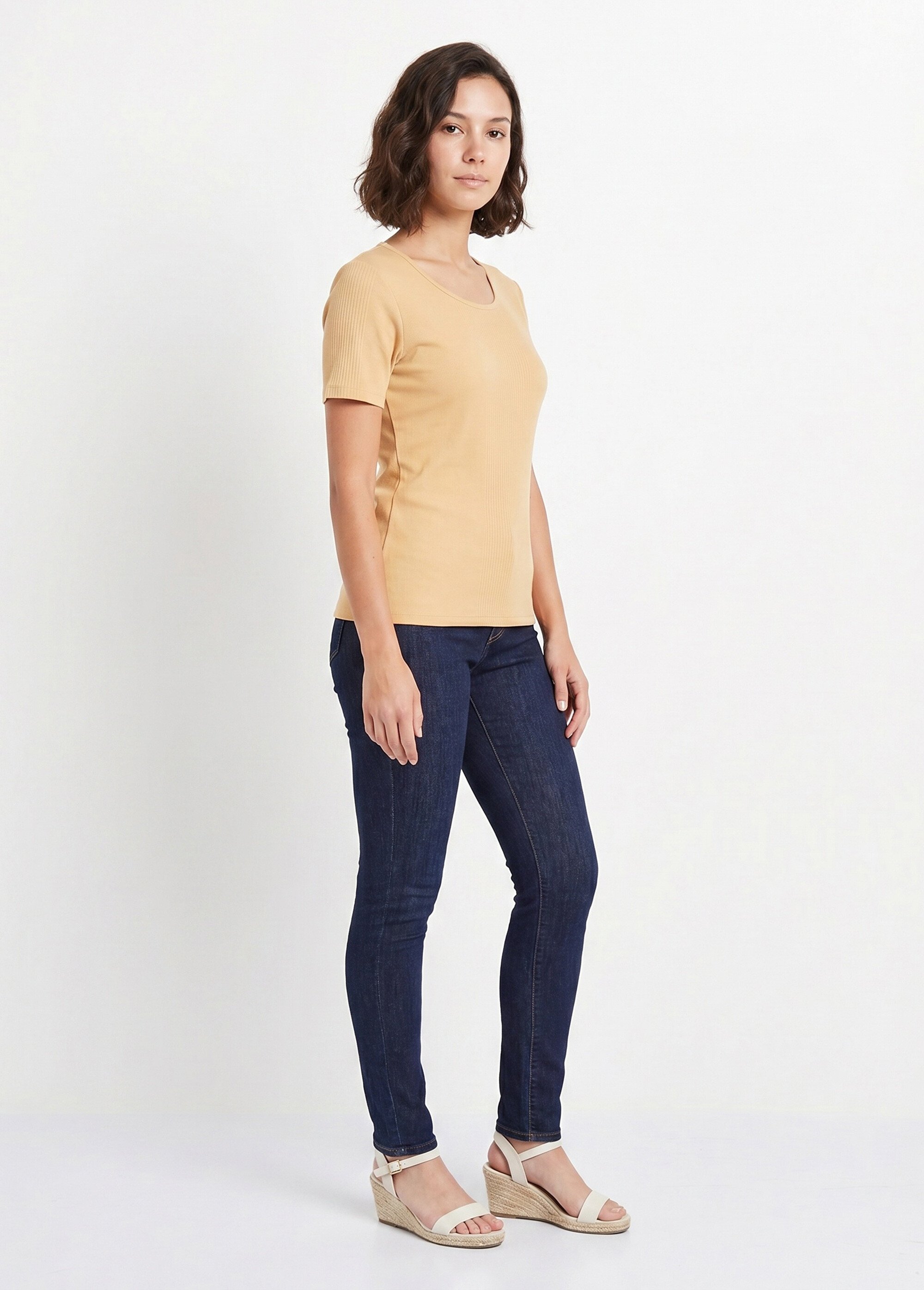 T-shirt court col rond maille côtelée Femme Beige CENCI SI1