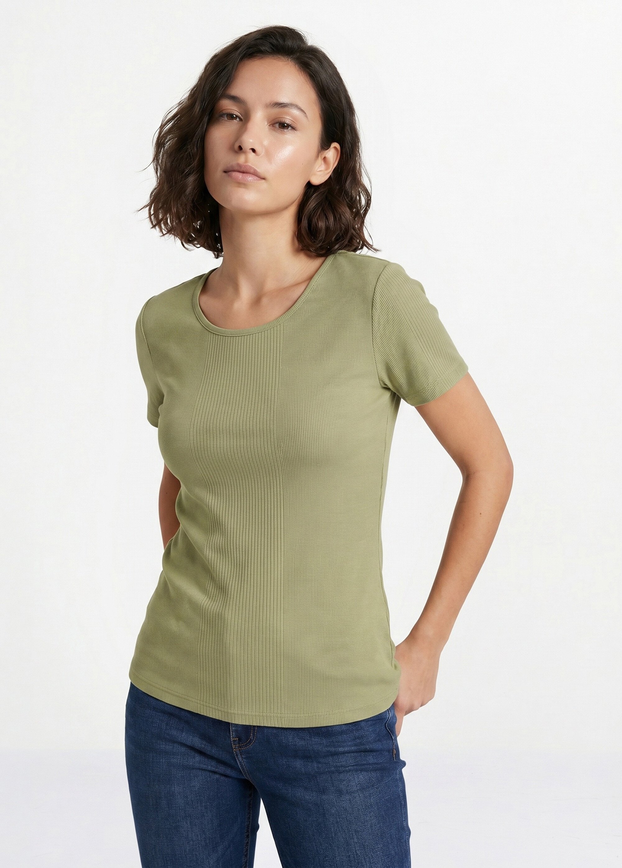 T-shirt court col rond maille côtelée Femme Vert CENCI FA1