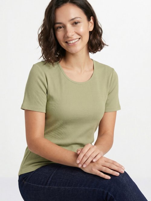 T-shirt court col rond maille côtelée Femme Vert CENCI MV1