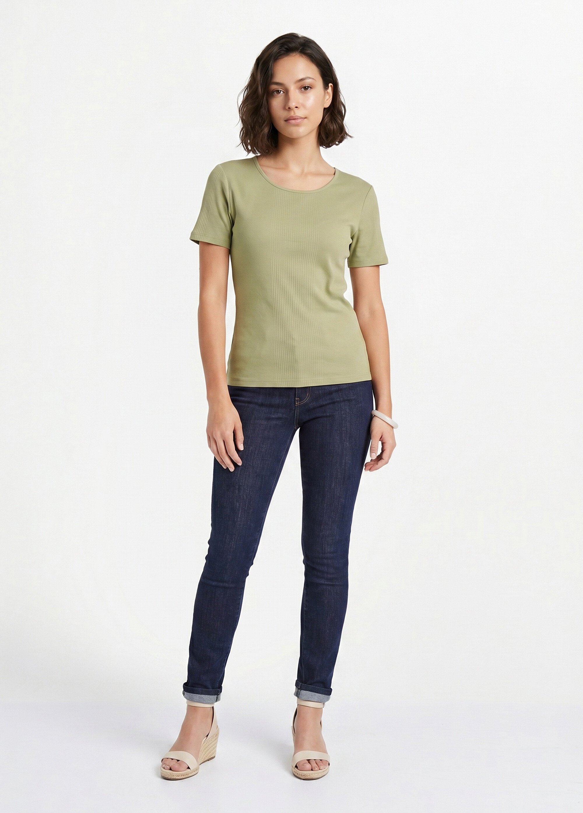 T-shirt court col rond maille côtelée Femme Vert CENCI SI1