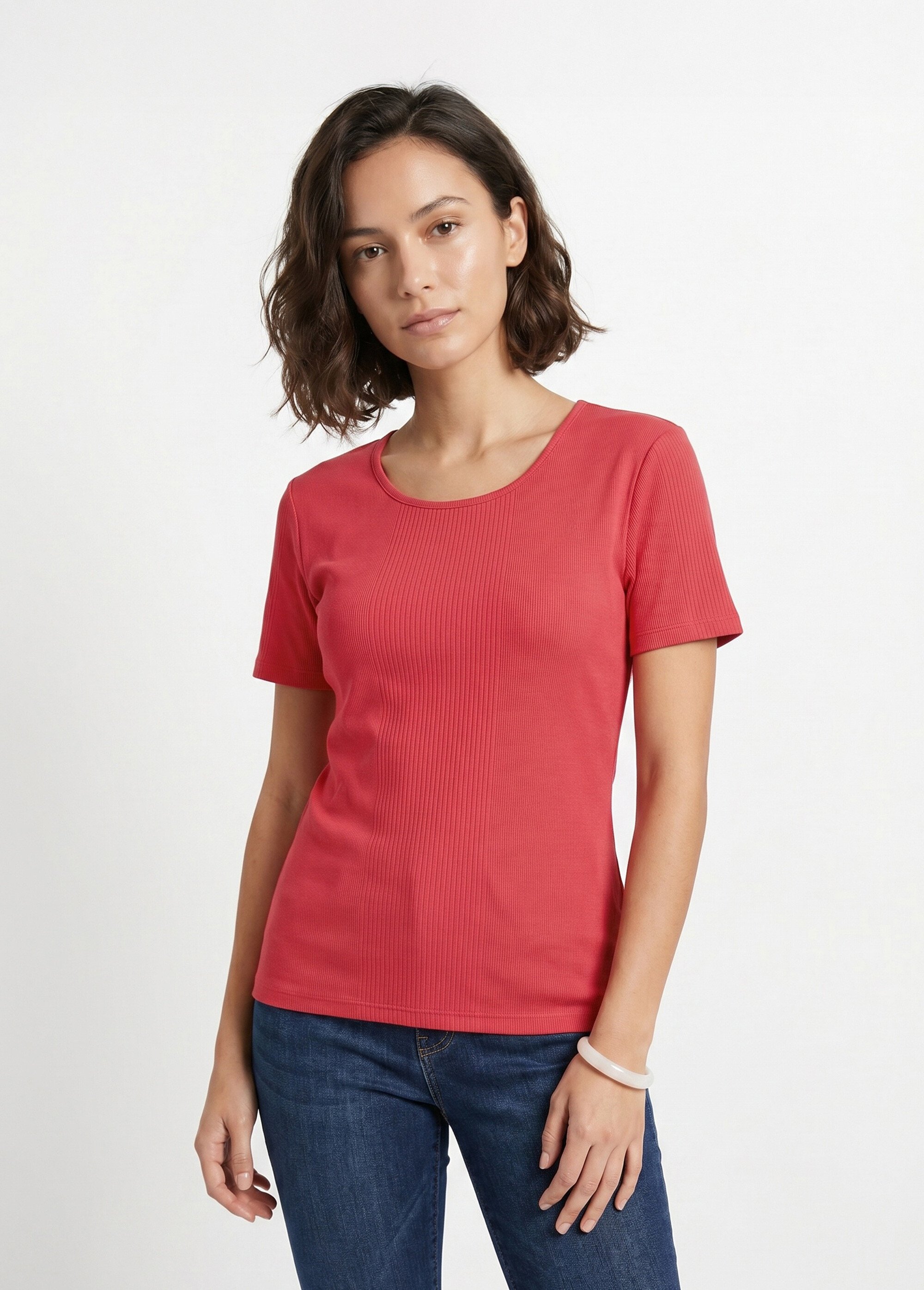T-shirt court col rond maille côtelée Femme Rouge CENCI FA1