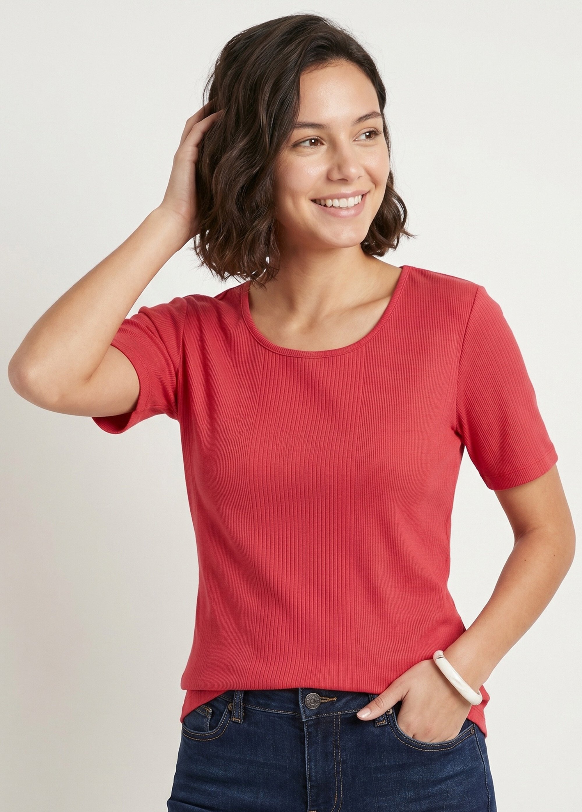 T-shirt court col rond maille côtelée Femme Rouge CENCI MV1