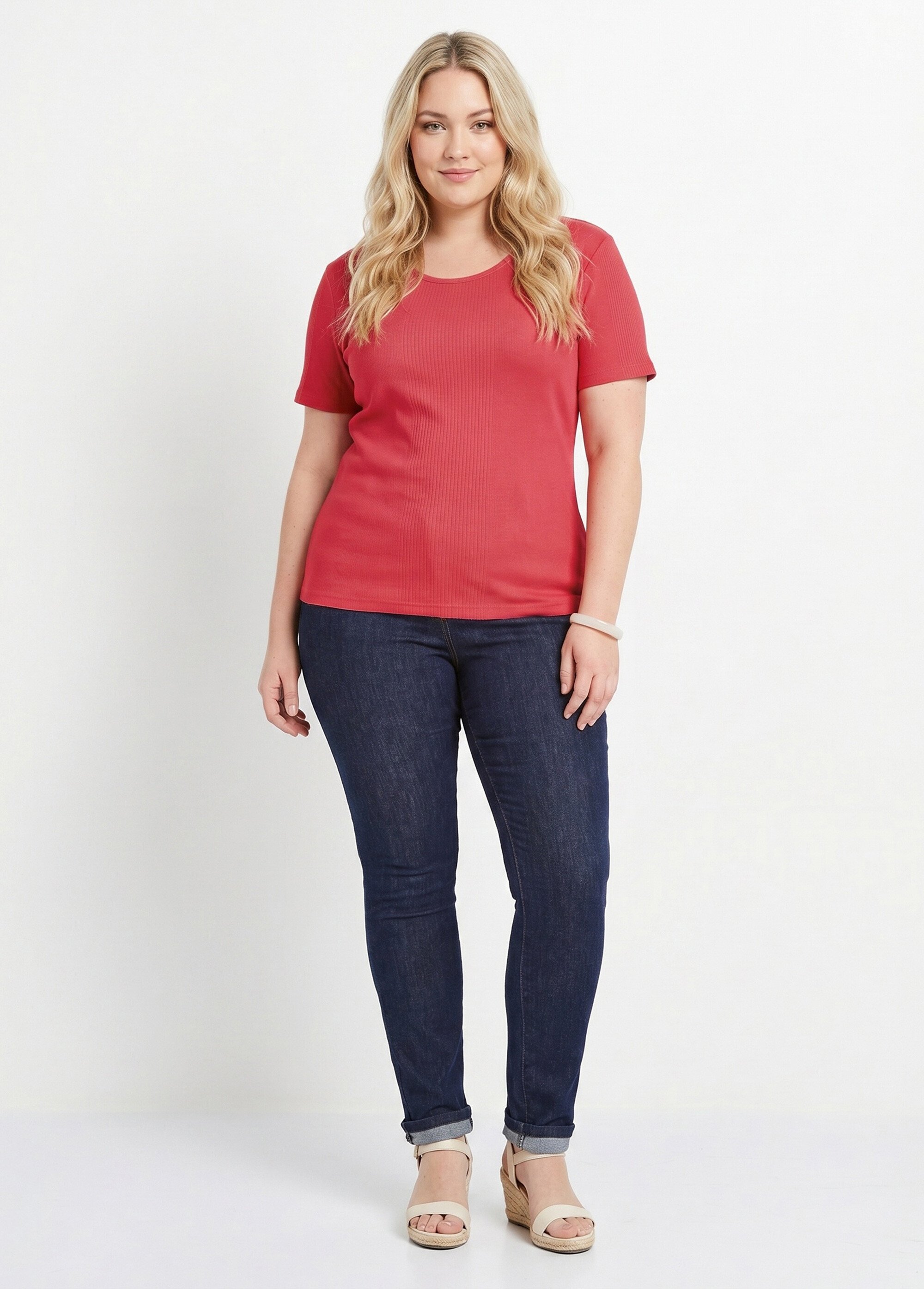 T-shirt court col rond maille côtelée Femme Grande Taille Rouge CENCI SI1