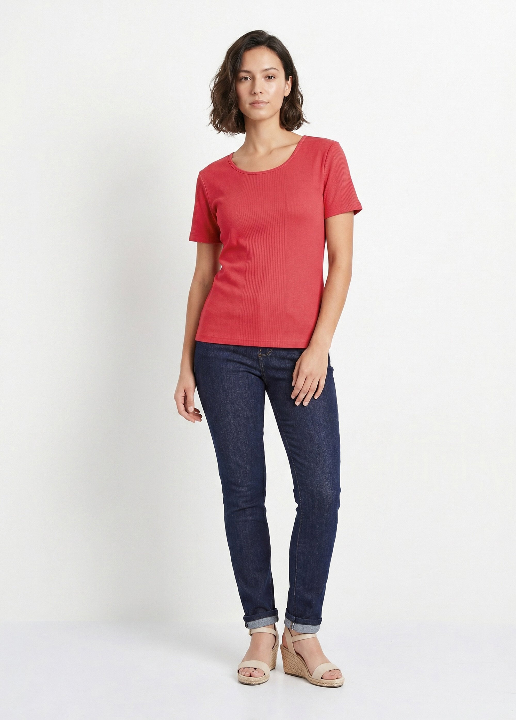 T-shirt court col rond maille côtelée Femme Rouge CENCI SI1