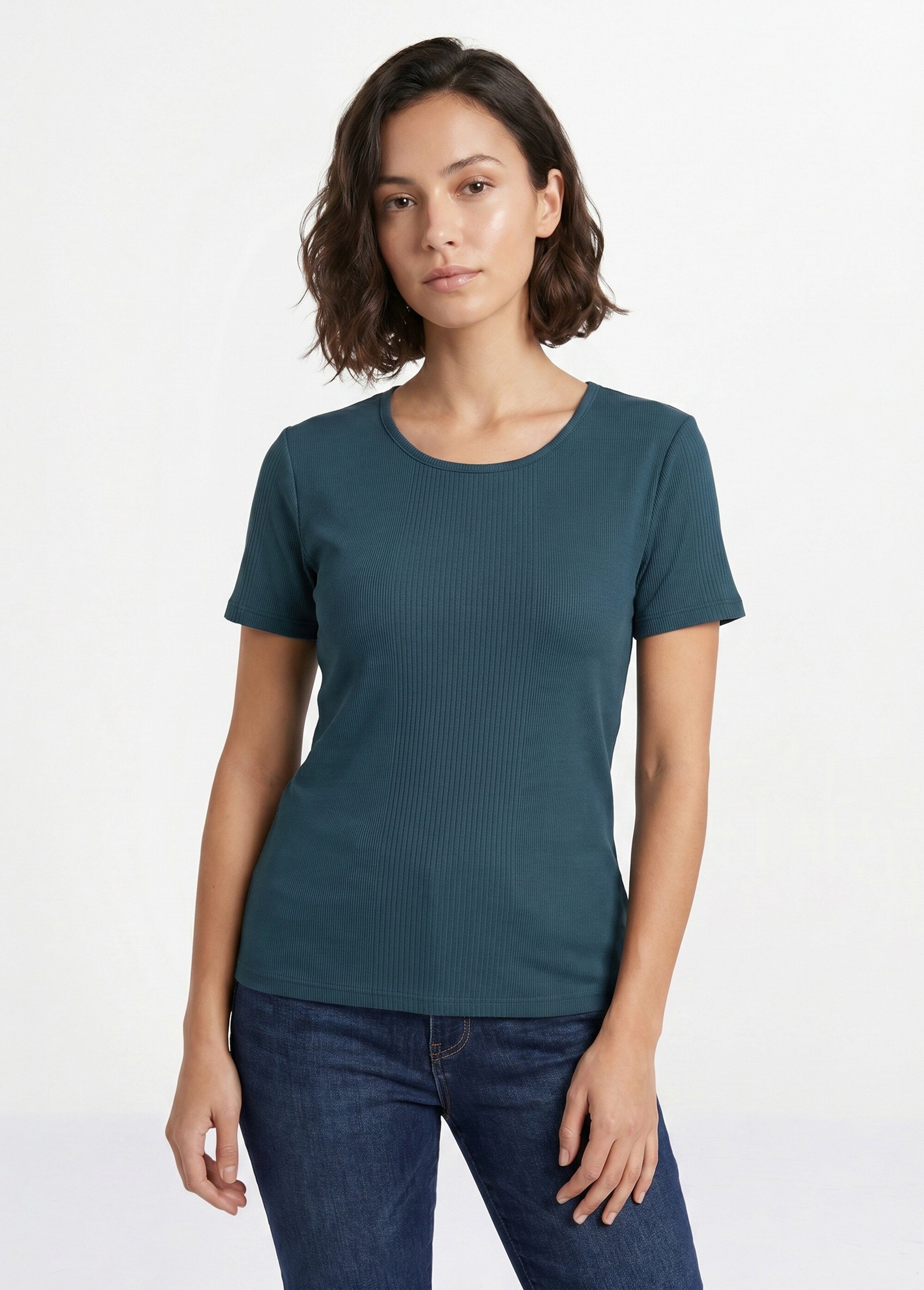 T-shirt court col rond maille côtelée Femme Bleu CENCI FA1