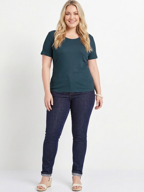 T-shirt court col rond maille côtelée Femme Grande Taille Bleu CENCI SI1