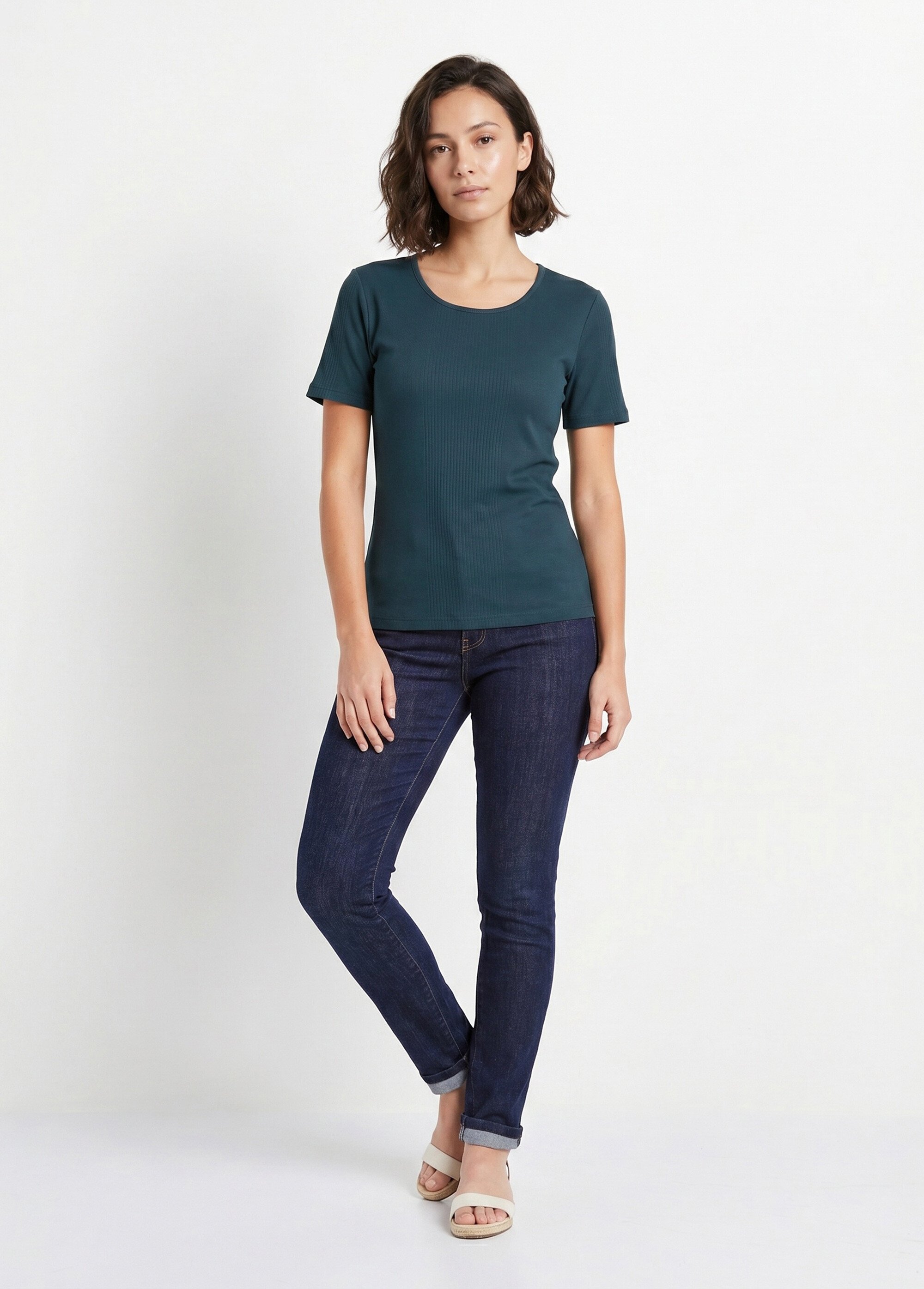 T-shirt court col rond maille côtelée Femme Bleu CENCI SI1
