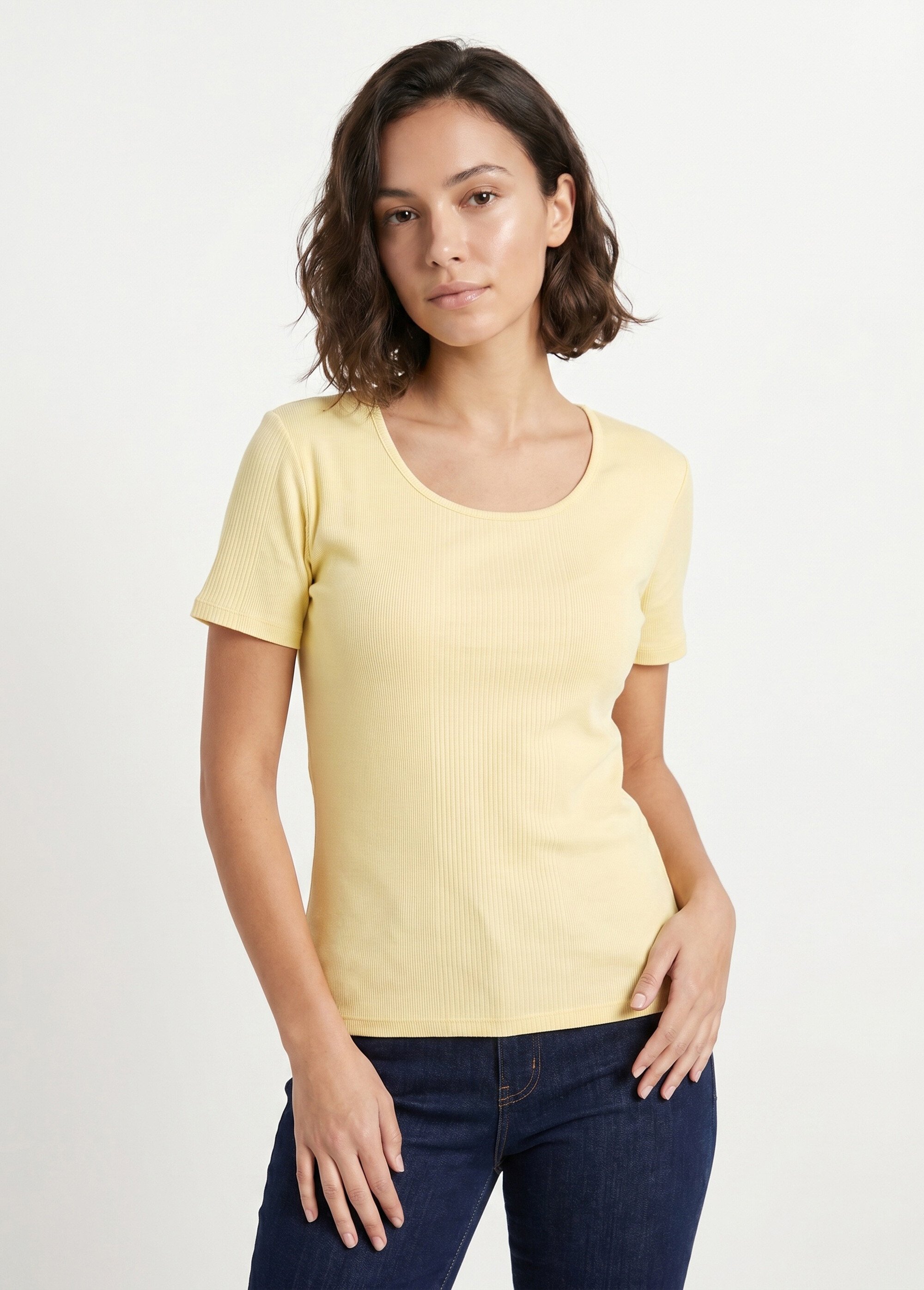 T-shirt court col rond maille côtelée Femme Jaune CENCI FA1