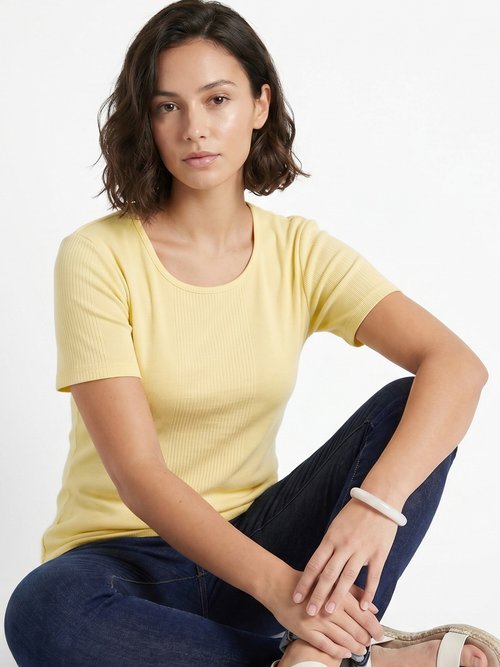 T-shirt court col rond maille côtelée Femme Jaune CENCI MV1