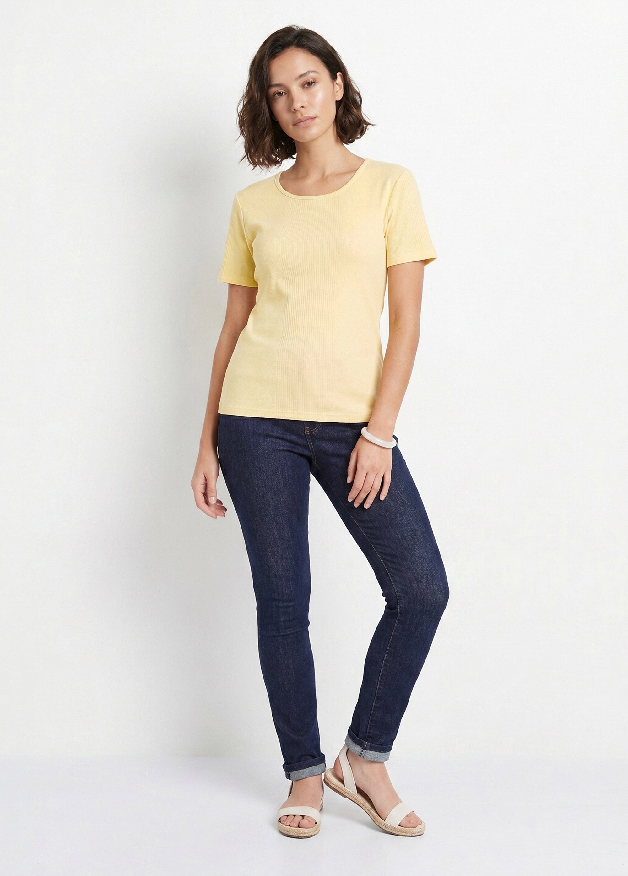 T-shirt court col rond maille côtelée Femme Jaune CENCI SI1