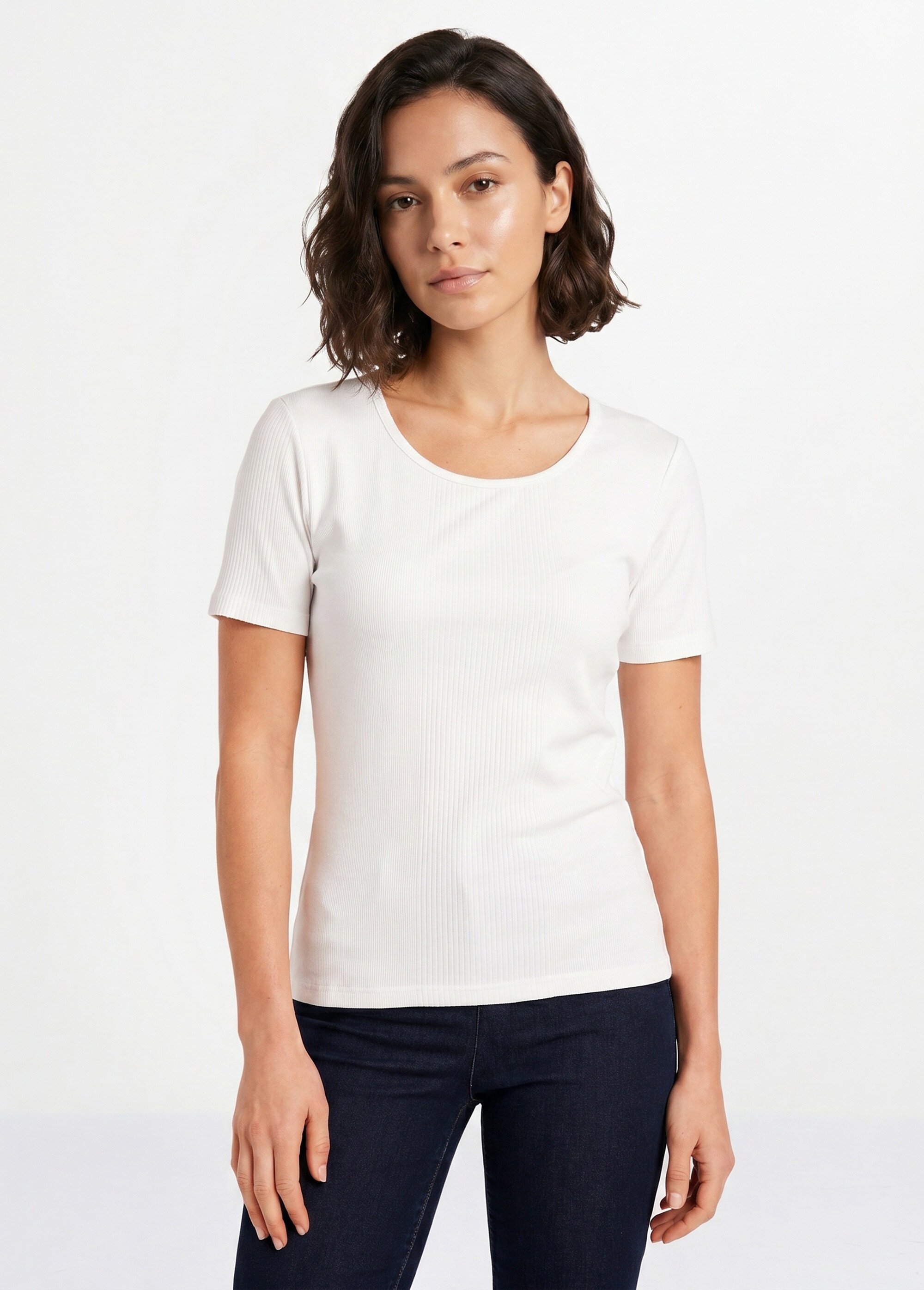 T-shirt court col rond maille côtelée Femme Blanc CENCI FA1
