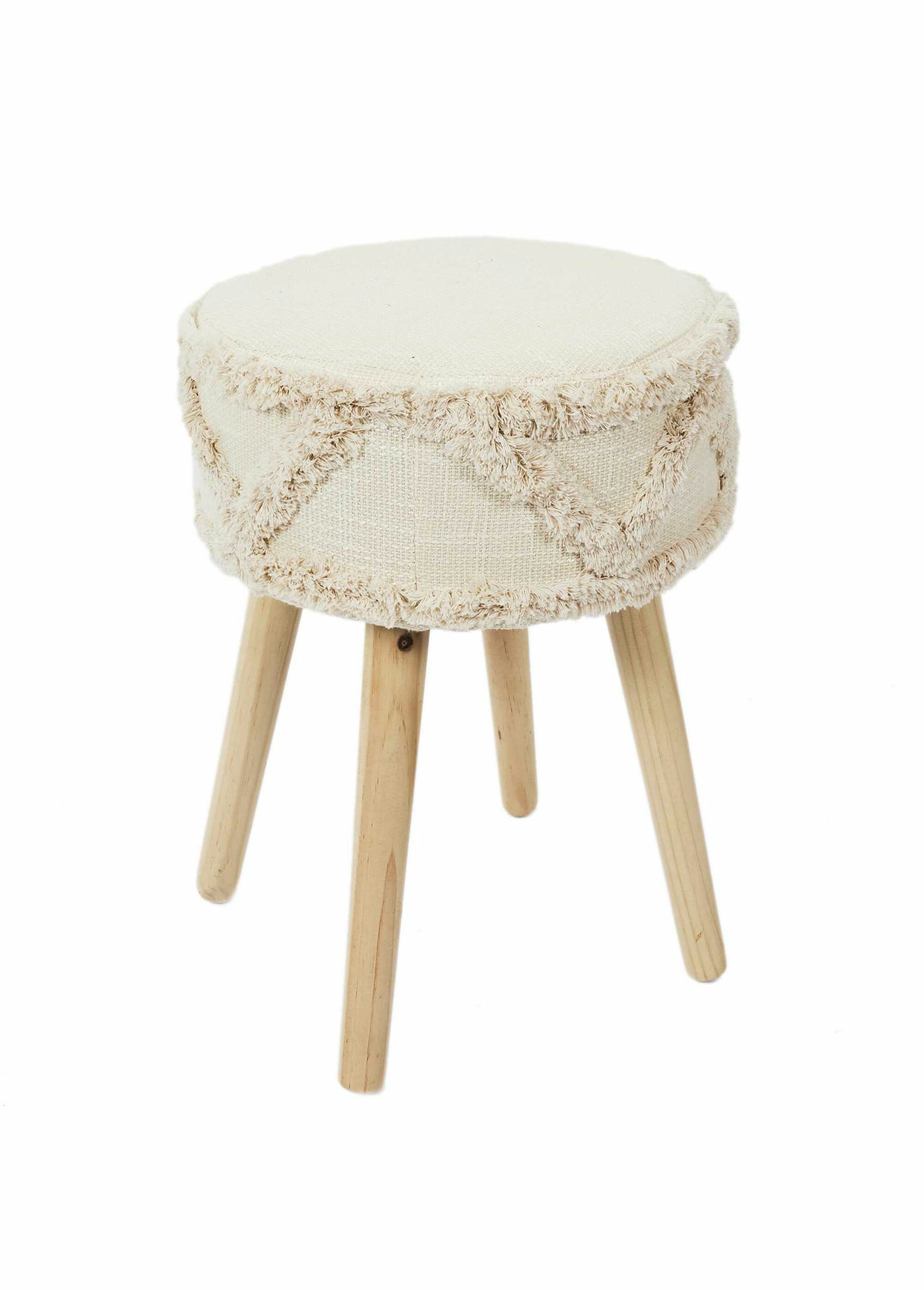 Tabouret tissu frangé style ethnique BLANC ET MARRON CMP-HD7523 FA1