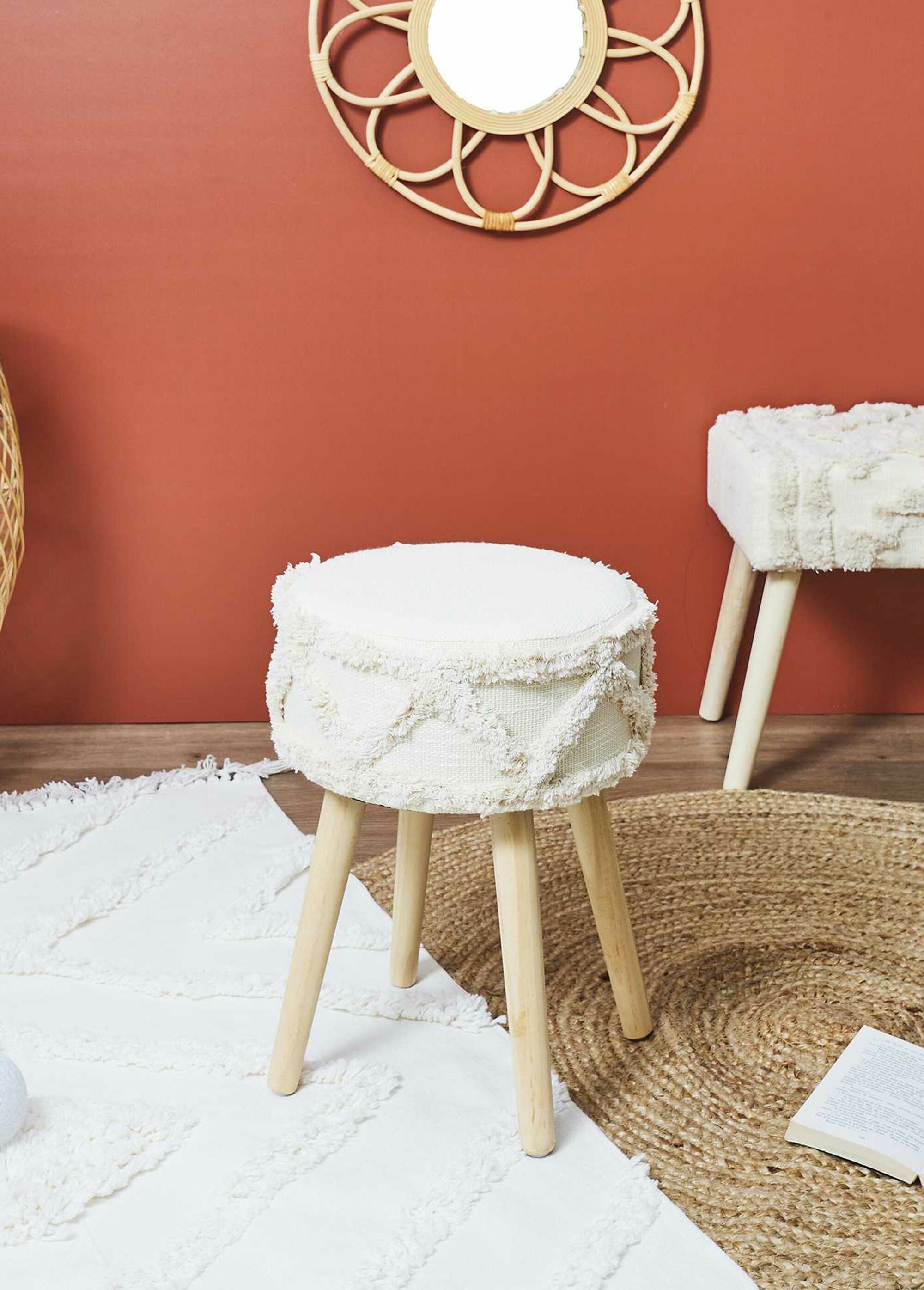 Tabouret tissu frangé style ethnique BLANC ET MARRON CMP-HD7523 SI1