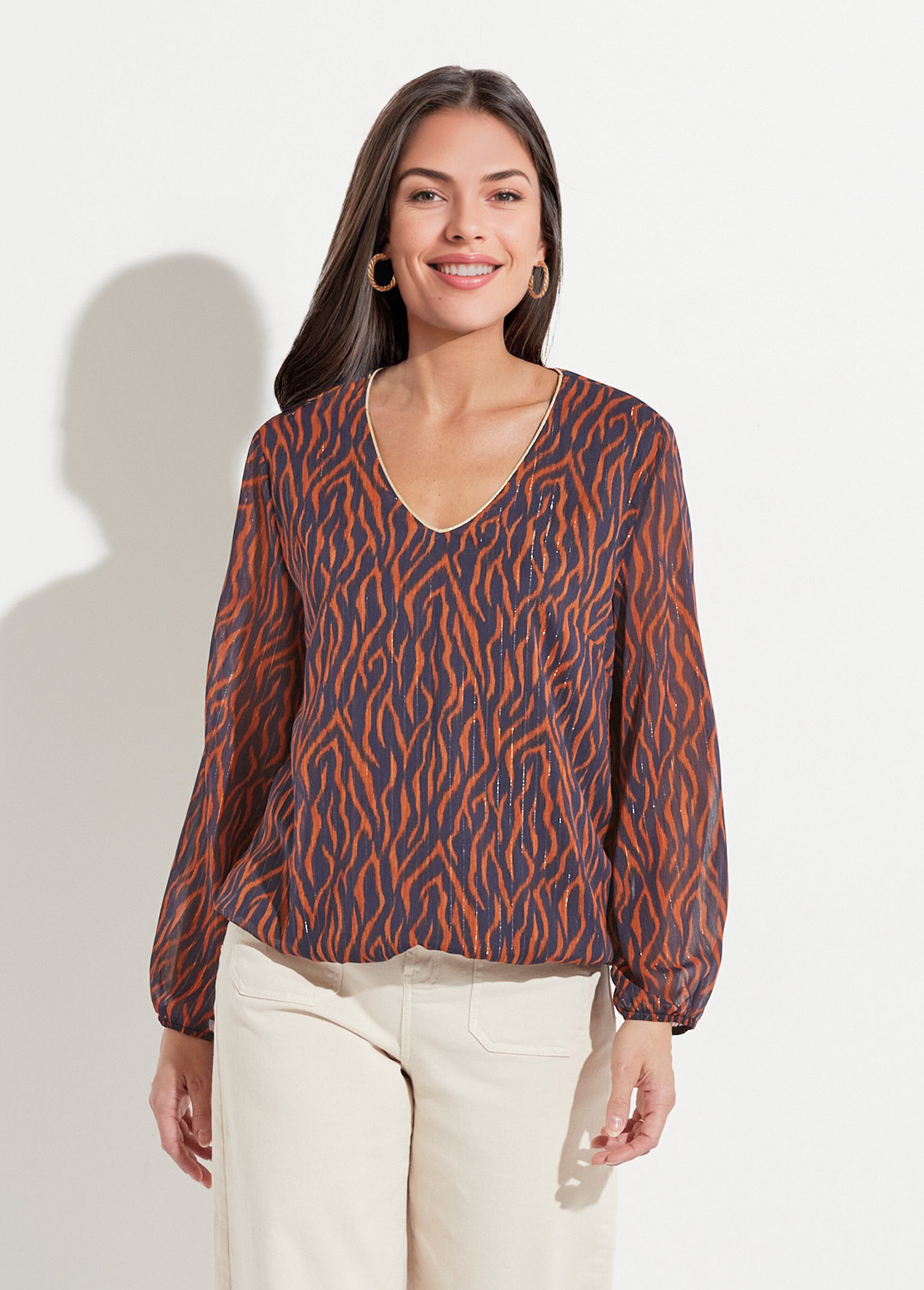 Tunique col V blousante voile imprimé doublé Femme Bleu CHONA FA1
