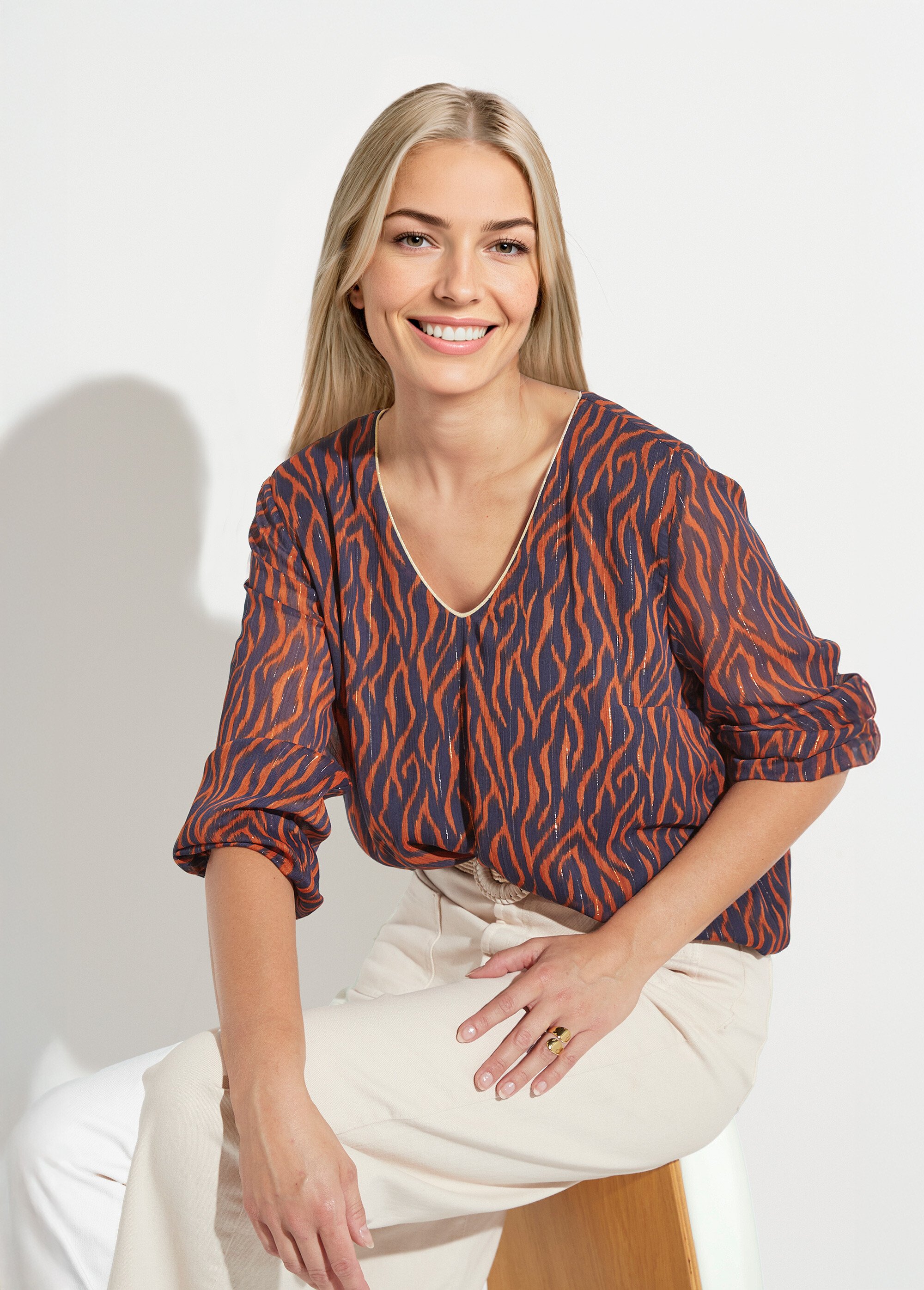 Tunique col V blousante voile imprimé doublé Femme Bleu CHONA MV1