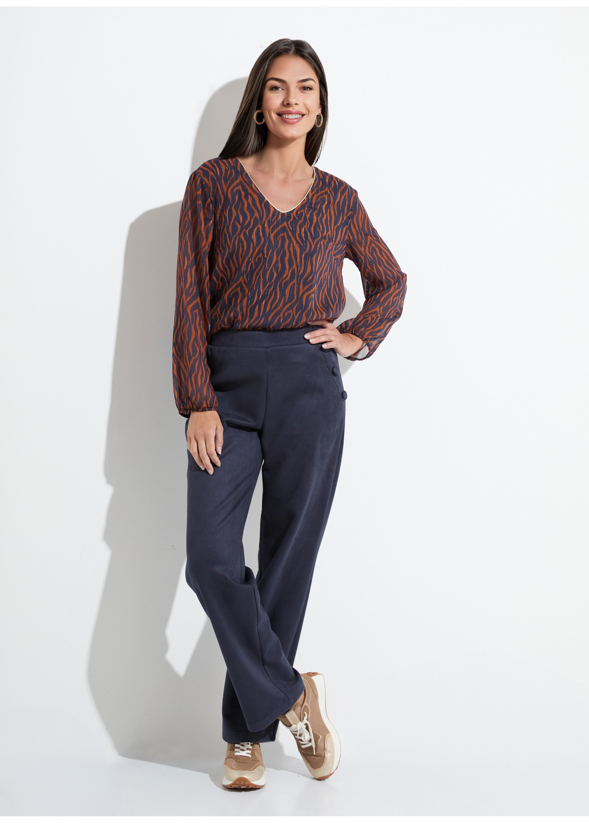 Tunique col V blousante voile imprimé doublé Femme Bleu CHONA SF1
