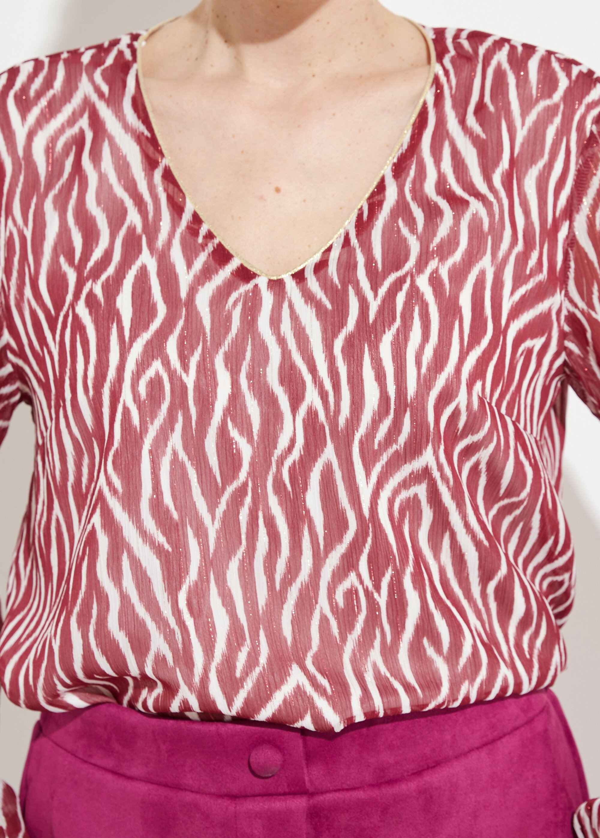 Tunique col V blousante voile imprimé doublé Femme Rouge CHONA DE1