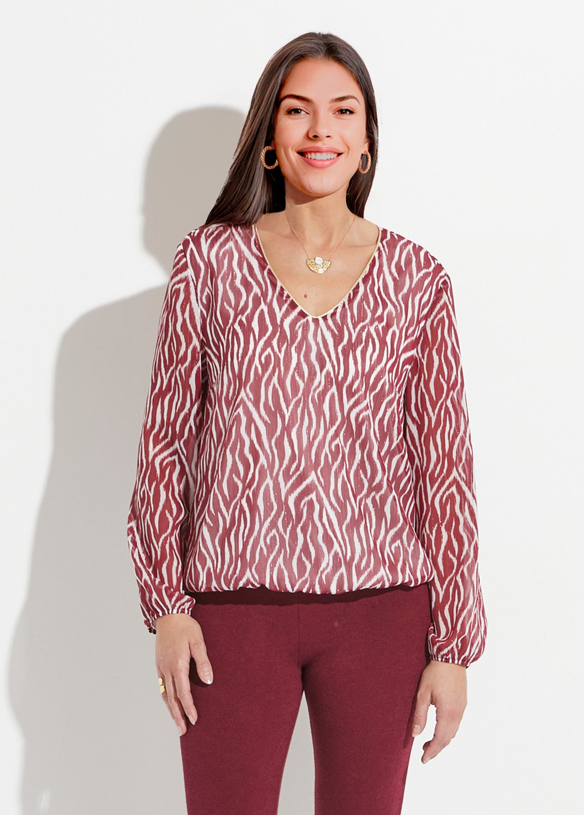 Tunique col V blousante voile imprimé doublé Femme Rouge CHONA FA1