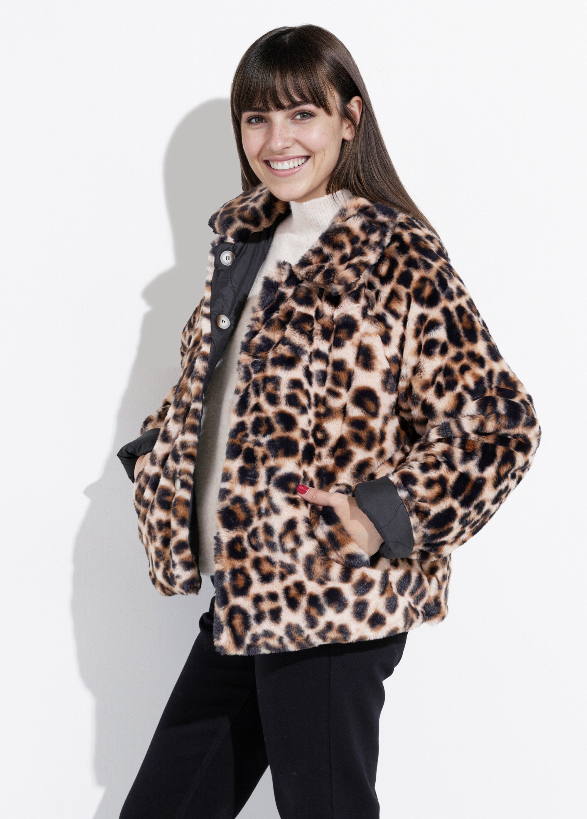 Veste matelassée réversible léopard fourrure Femme Noir IA-Z025 DR1