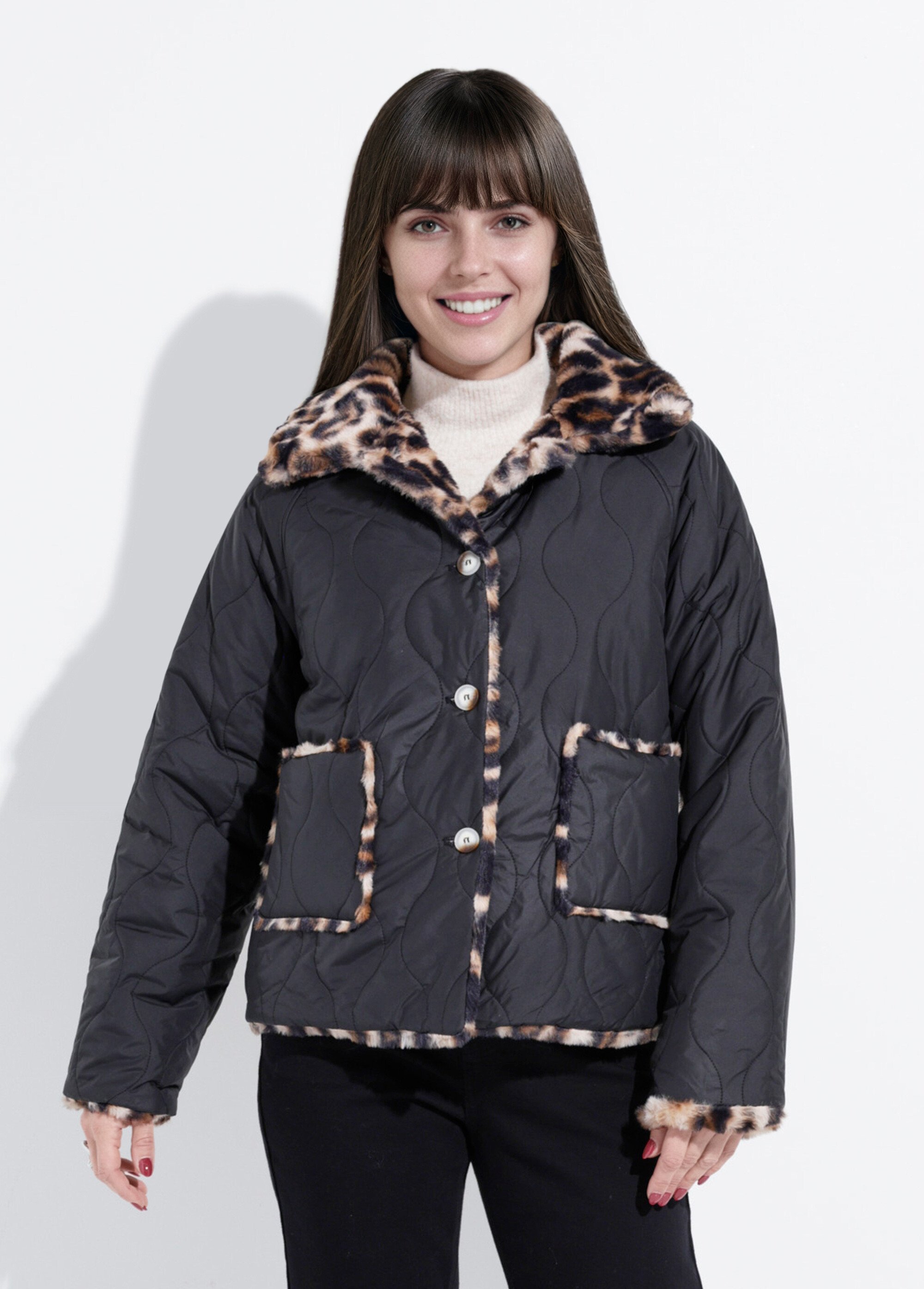 Veste matelassée réversible léopard fourrure Femme Noir IA-Z025 FA1