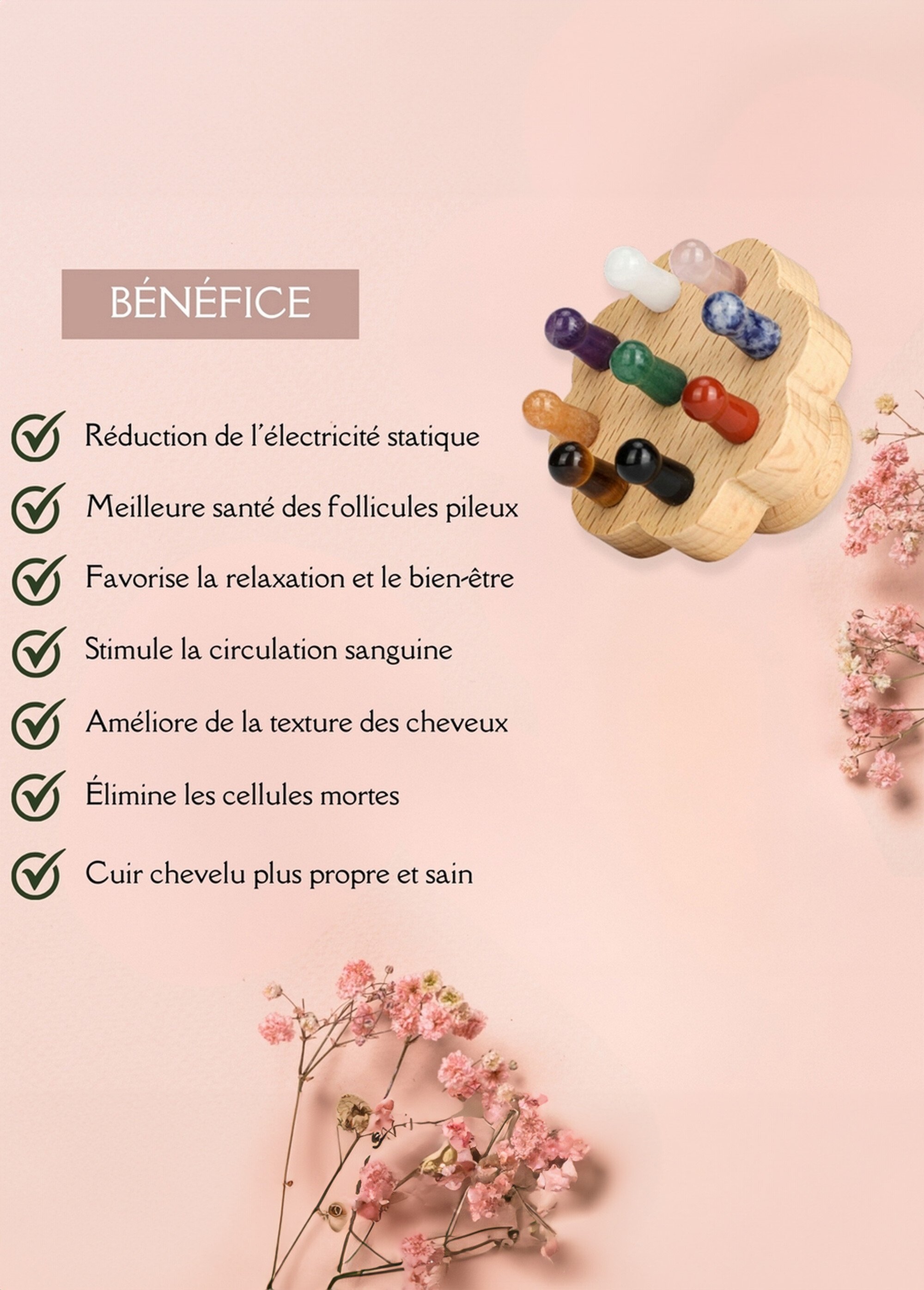Brosse de massage avec pierres naturelles Beige ZENBROSSEFLEUR DE3