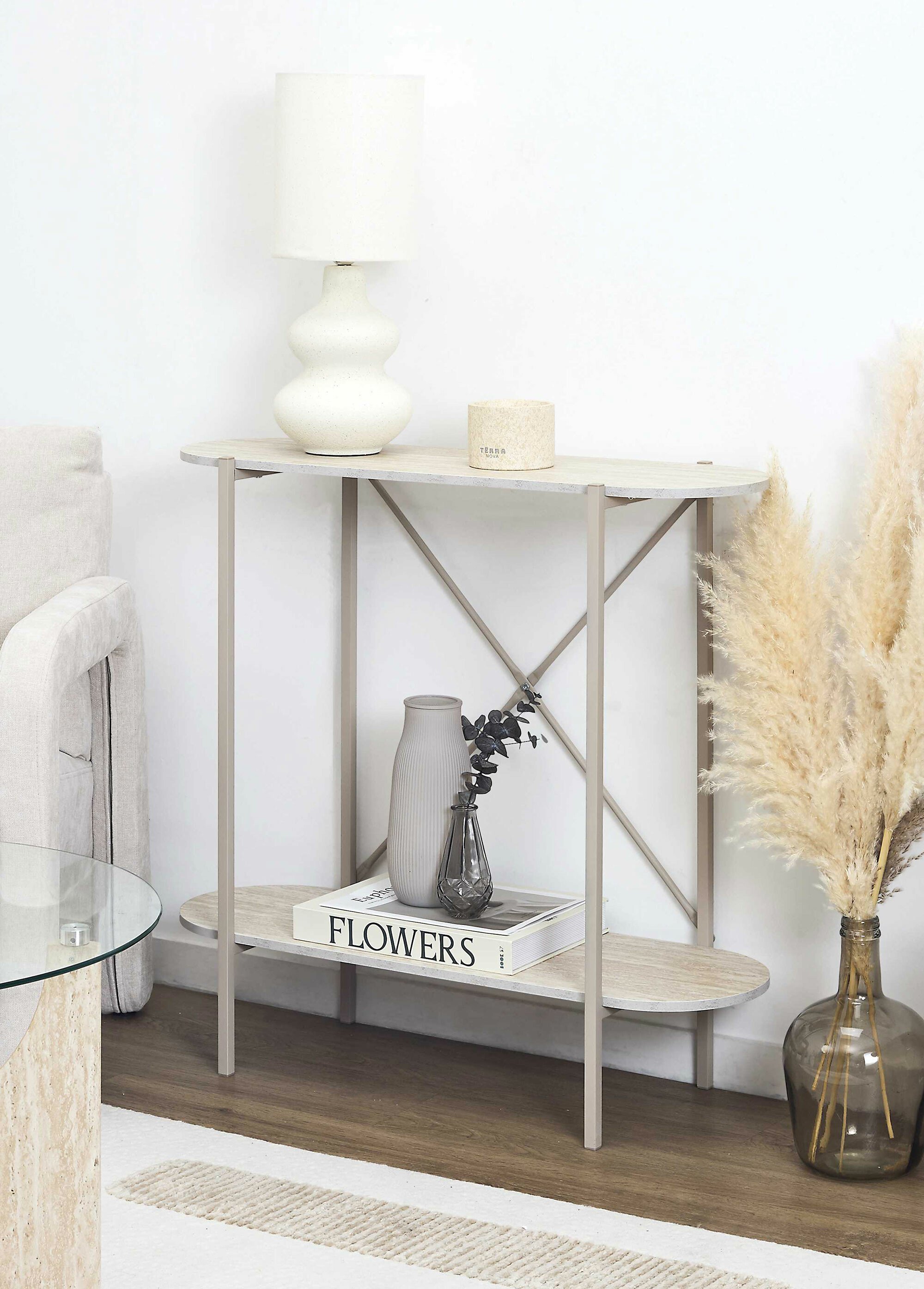 Console plateaux ovales, en métal clair BLANC ET BEIGE CMP-HD7736 SI2